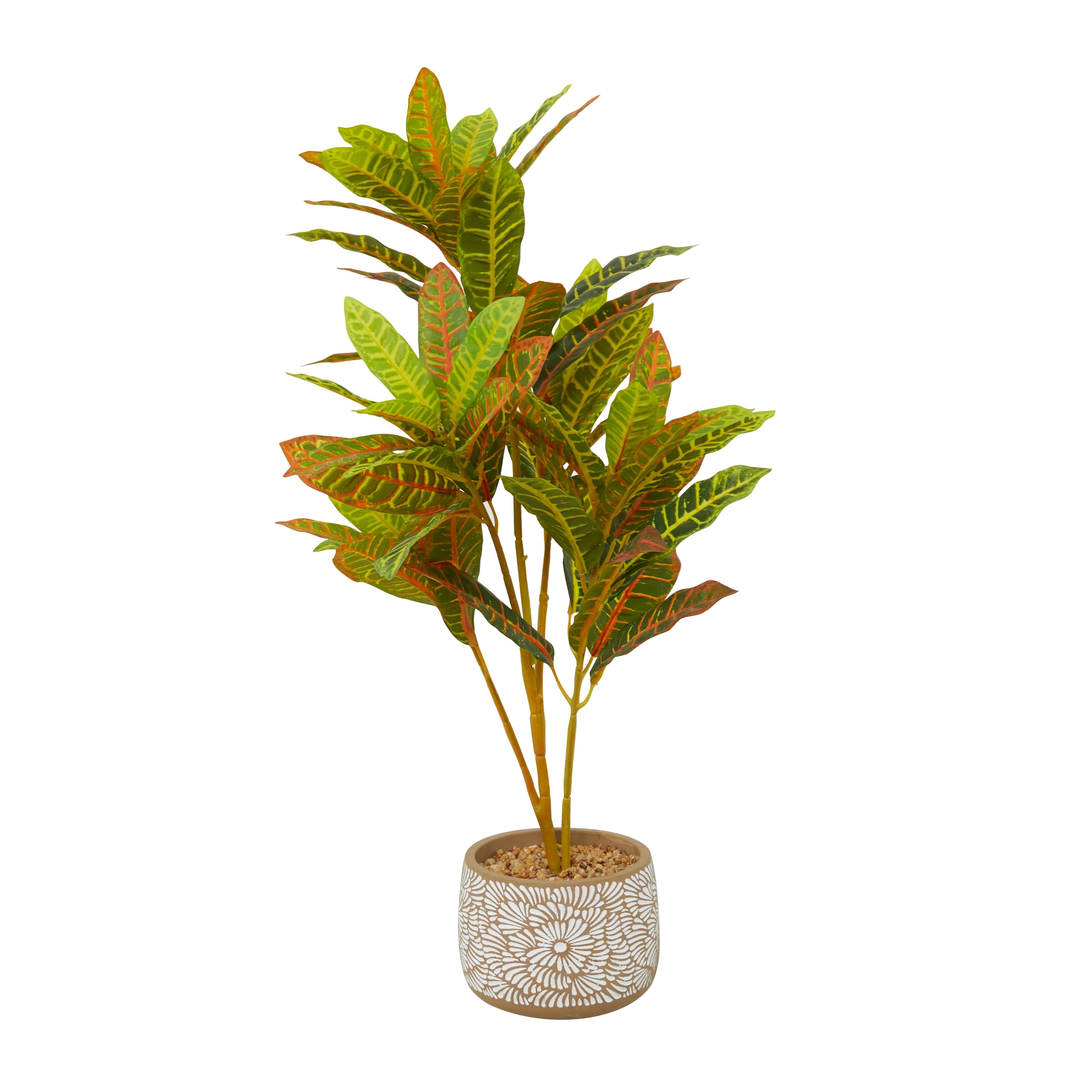 Faux Foliage Crotons Artificial Plant with Realistic Leaves and Floral Patterned Pot - Green - Roche River Decor