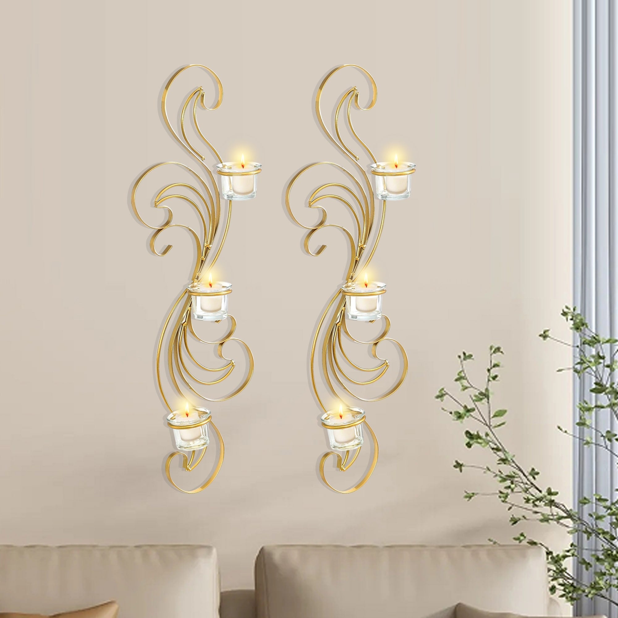 Adeco Set of 2 Metal Wall Sconces with Glass Candle Holder - 5.9 x 3 x 24.4