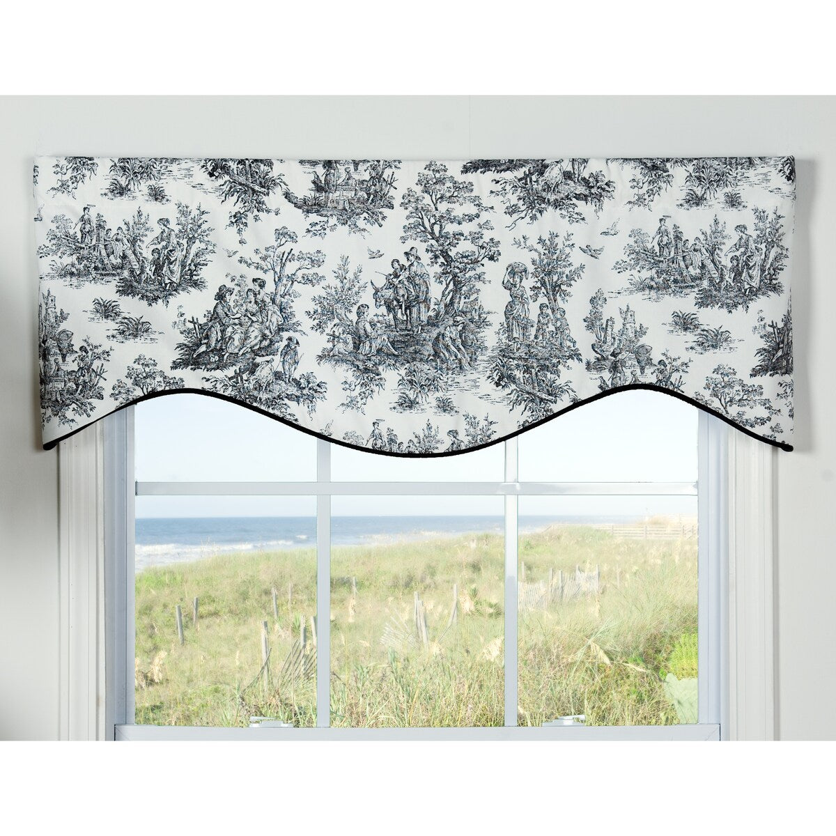 Plymouth toile pastoral black and white shaped valance