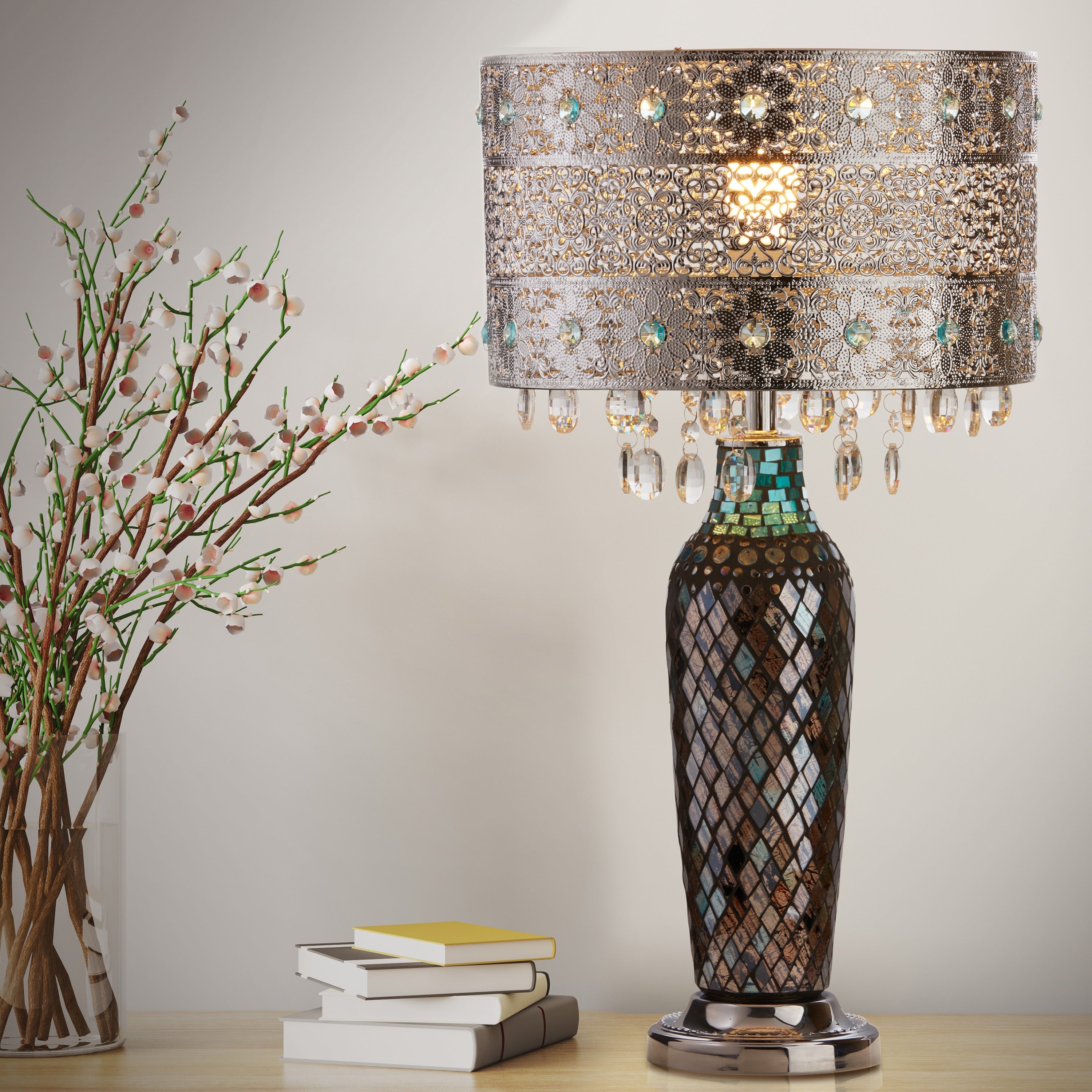 Metal Mosaic Hanging Glass Crystal Table Lamp - 13L x 13W x 24.25H