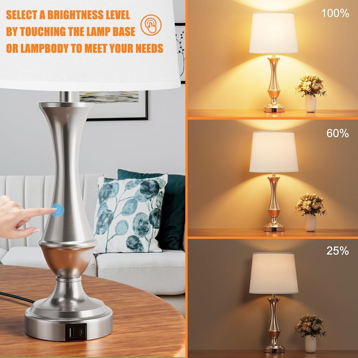 Touch Lamps Set of 2 - Nightstand Table Lamp with USB C+A, 3 Way Dimmable