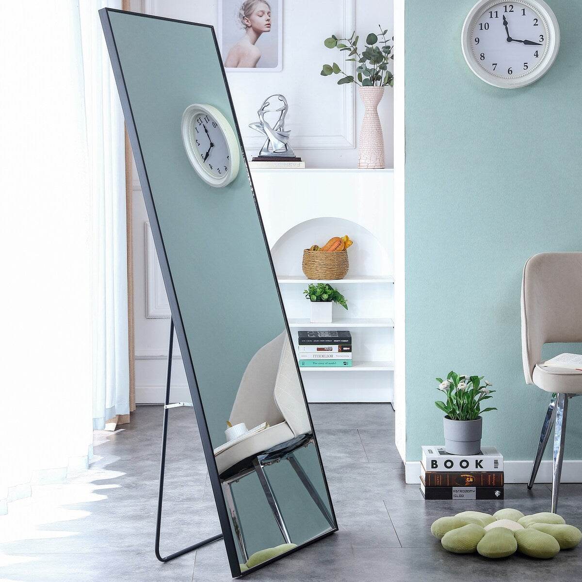 Solid wood frame full-length mirror, floor mounted/wall mounted