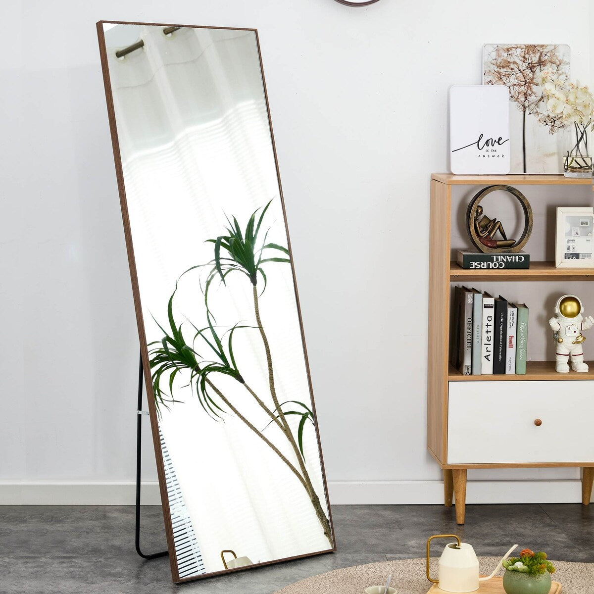 Solid wood frame full-length mirror, floor mounted/wall mounted