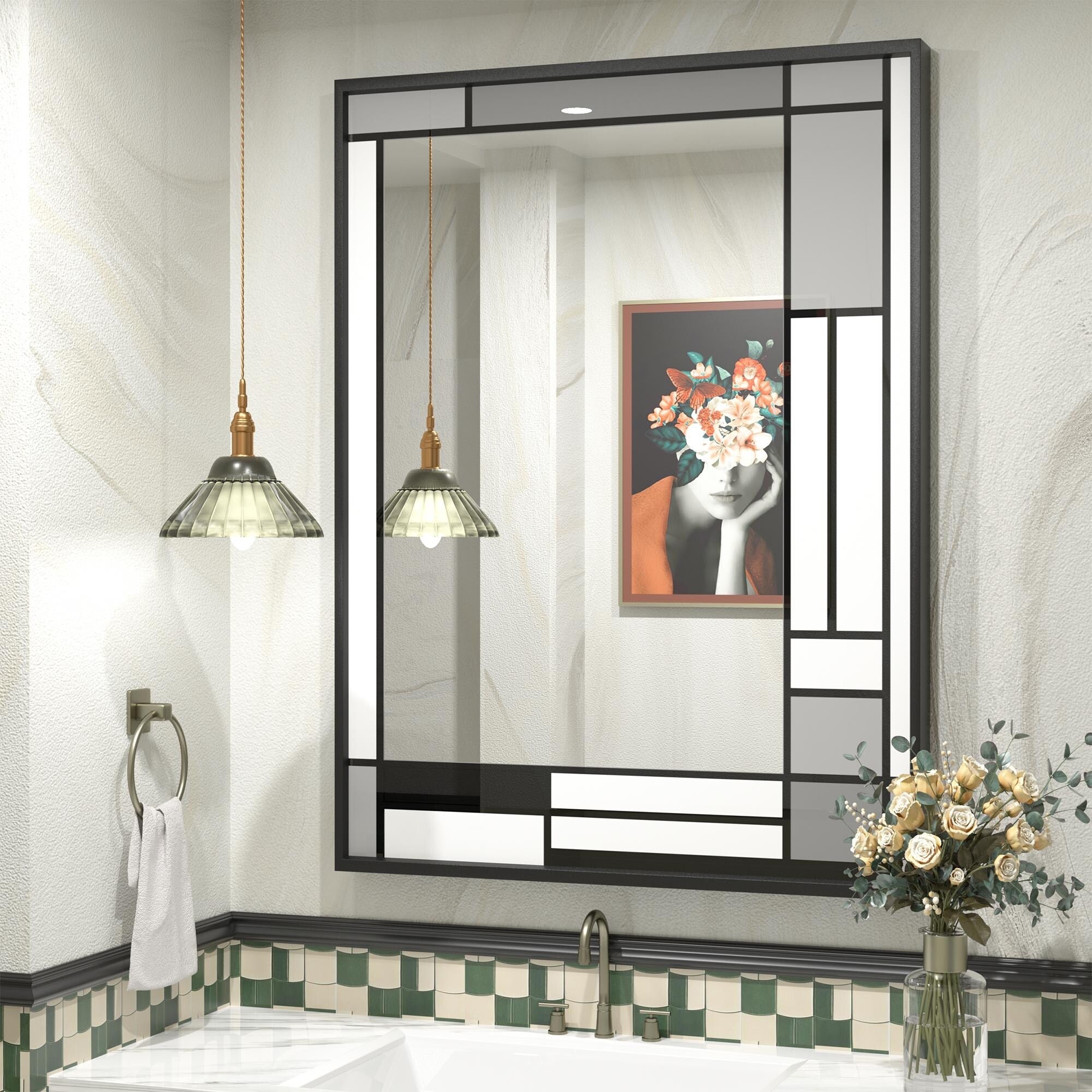 Apmir Metal Black Frame Bathroom Vanity Mirror Wall Mounted in Tempered Glass