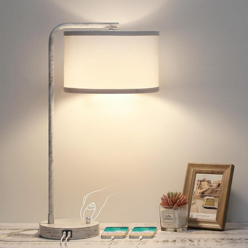 Dual USB port side table lamp, dimmable bedside lamp, desktop reading light - 13.98D x 13.98W x 25H