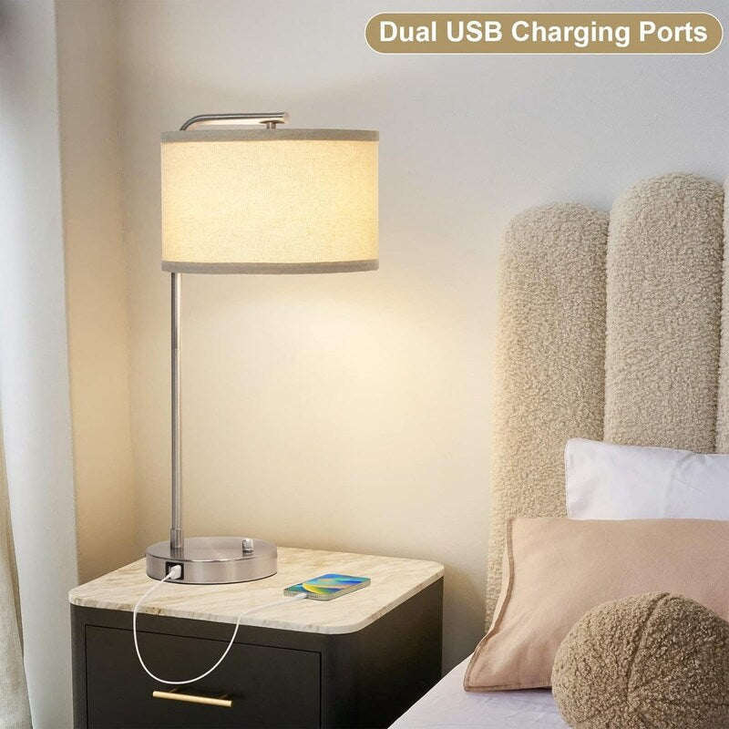 Dual USB port side table lamp, dimmable bedside lamp, desktop reading light - 13.98D x 13.98W x 25H