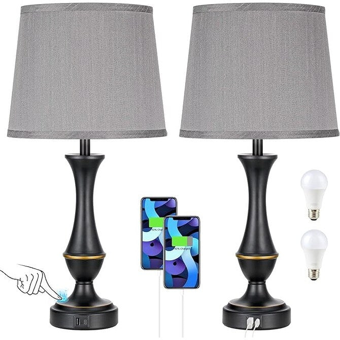 Touch Lamps Set of 2 - Nightstand Table Lamp with USB C+A, 3 Way Dimmable