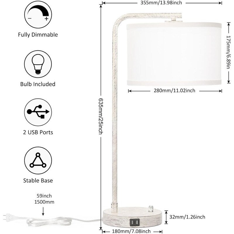 Dual USB port side table lamp, dimmable bedside lamp, desktop reading light - 13.98D x 13.98W x 25H