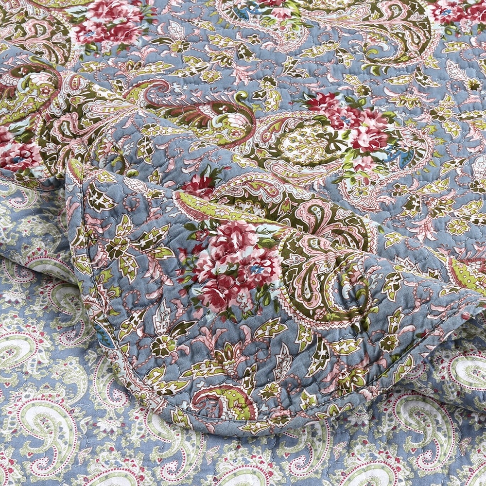 3pc Full/Queen Floral Paisley Reversible Cotton Quilt Set Dark Blue