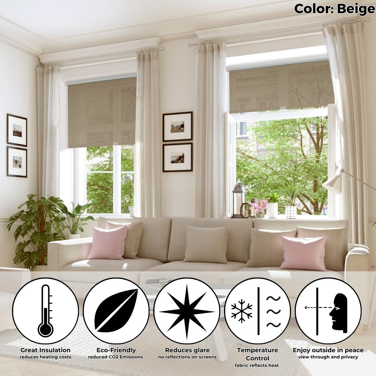 Beige Reflective UV Solar Screen Roller Shade Cordless 74 in. L (Custom Widths Available)