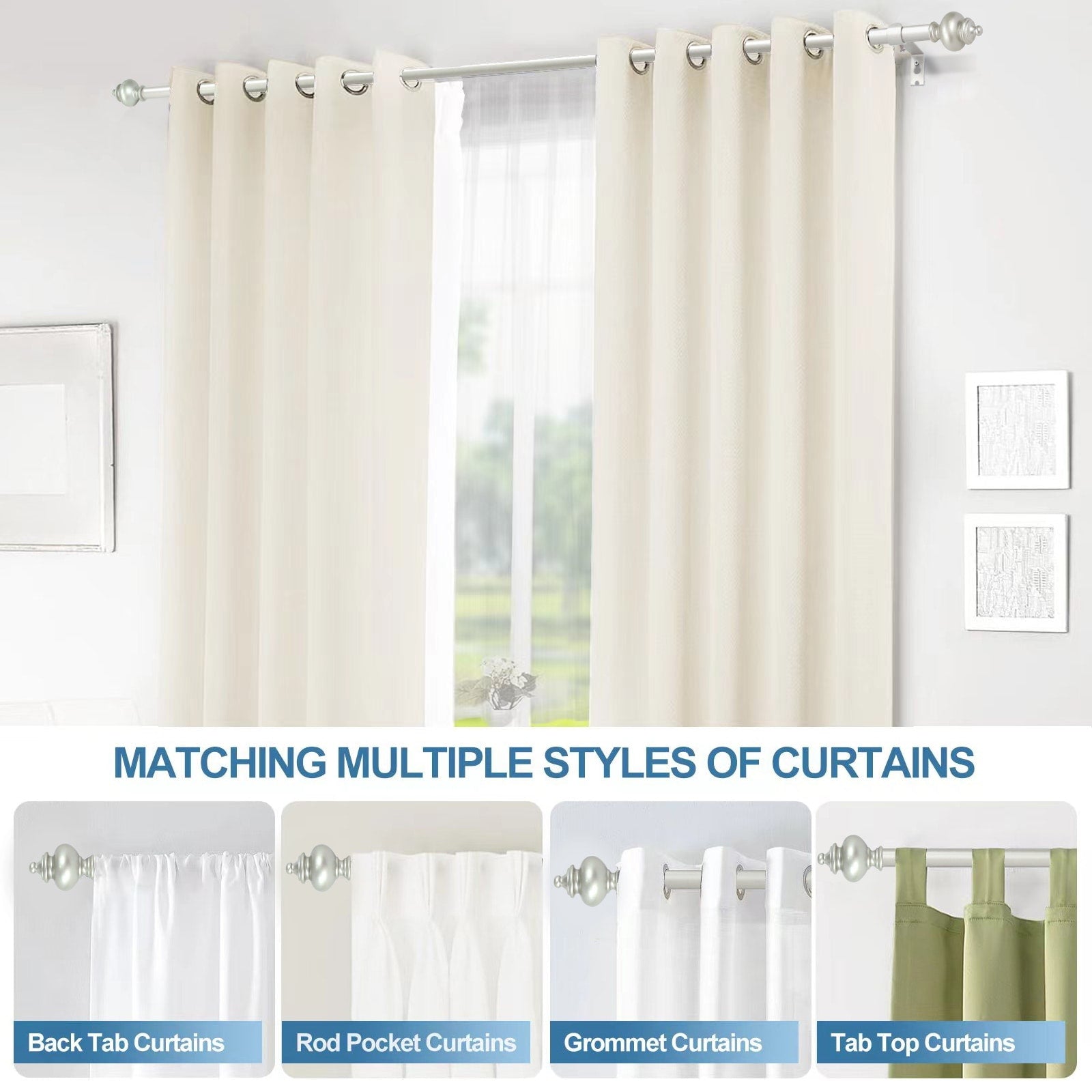 Modern Window Drapery Curtain Rod Set with 8 to 24 Rings