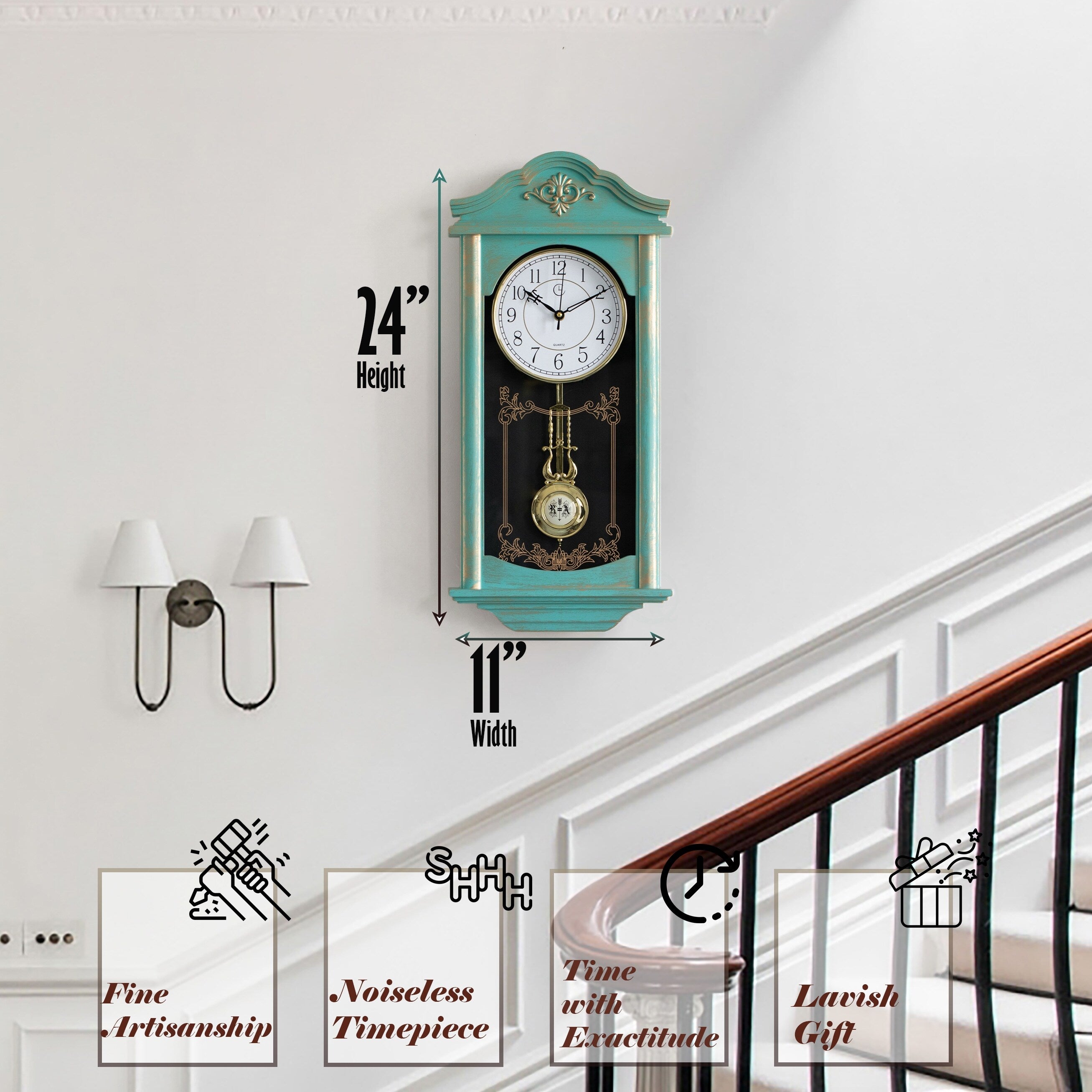Clockswise Vintage Grandfather Wood-Looking Plastic Pendulum Decorative Battery-Operated Wall Clock Brown, for Home Decor