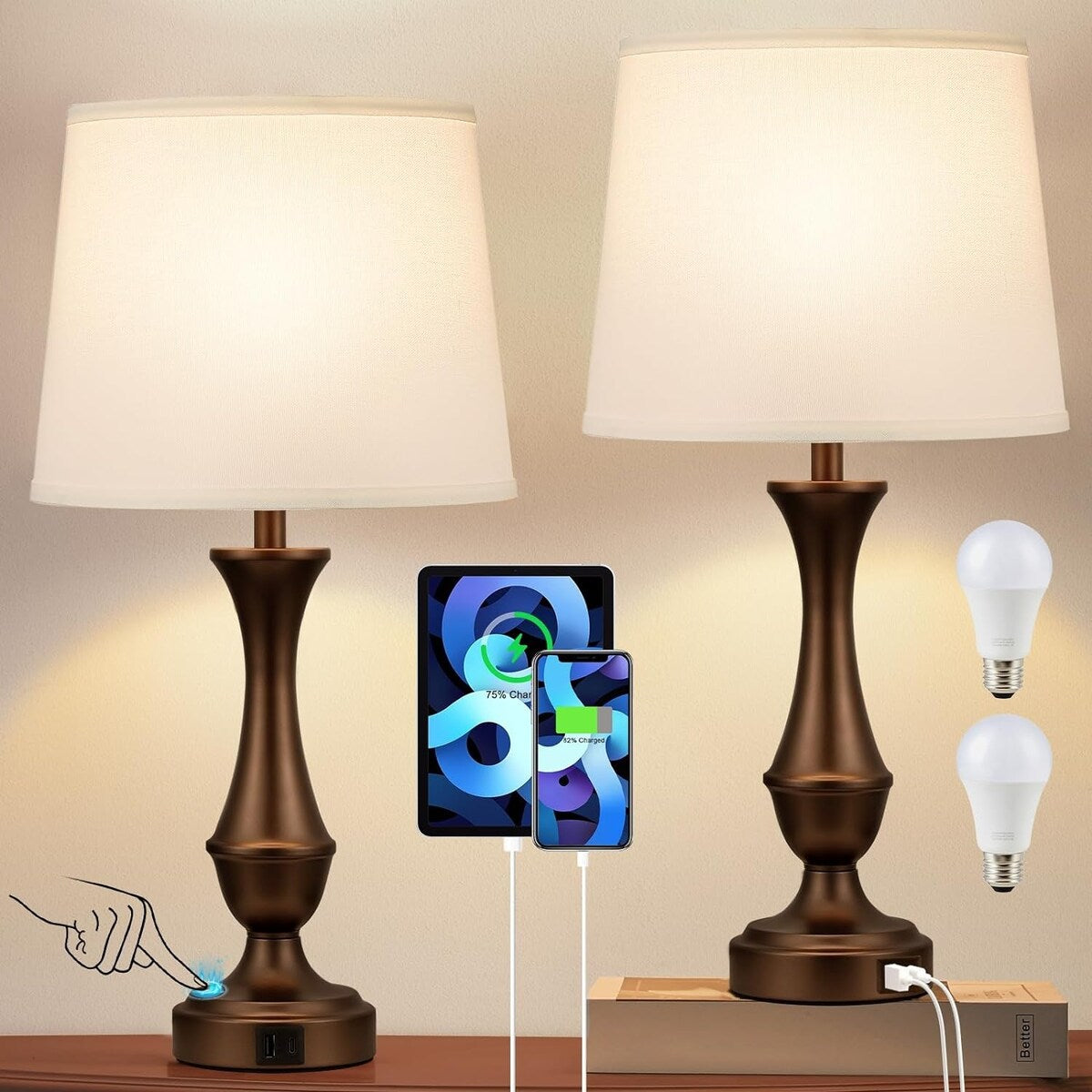 Touch Lamps Set of 2 - Nightstand Table Lamp with USB C+A, 3 Way Dimmable