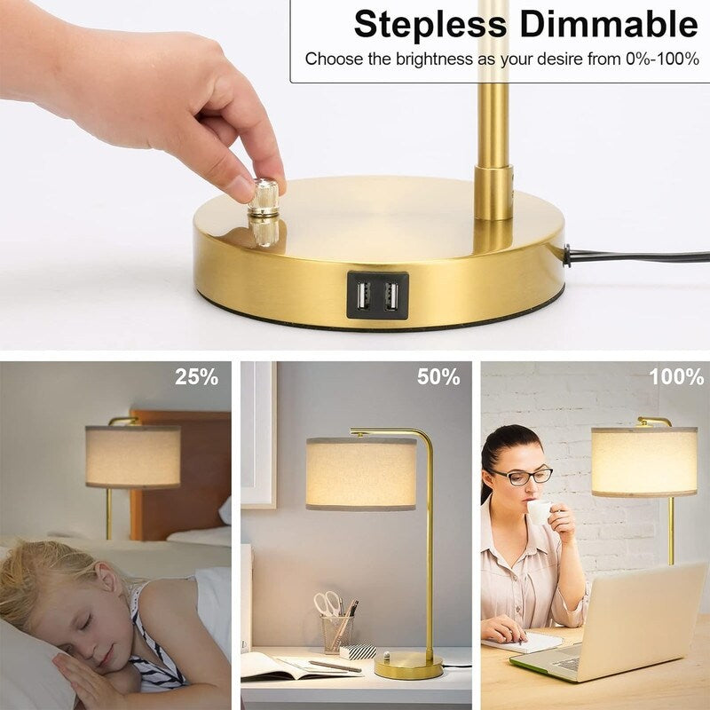 Dual USB port side table lamp, dimmable bedside lamp, desktop reading light - 13.98D x 13.98W x 25H