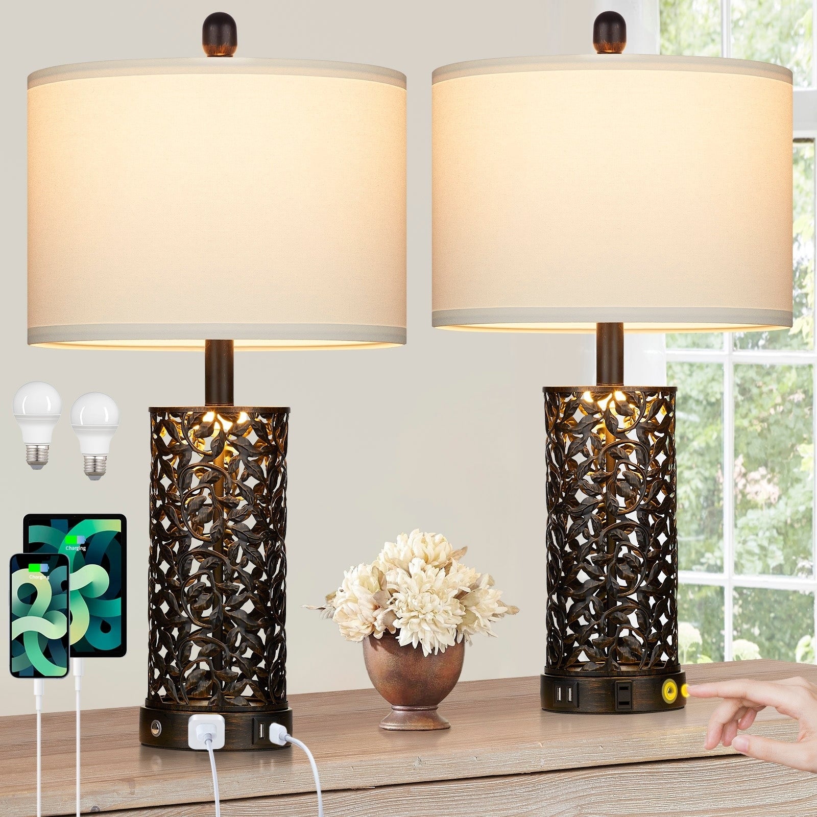 Black with Gold Metal Table Lamps Nightlight 2in1 USB Ports AC Outlet Touch Switch (Set of 2)