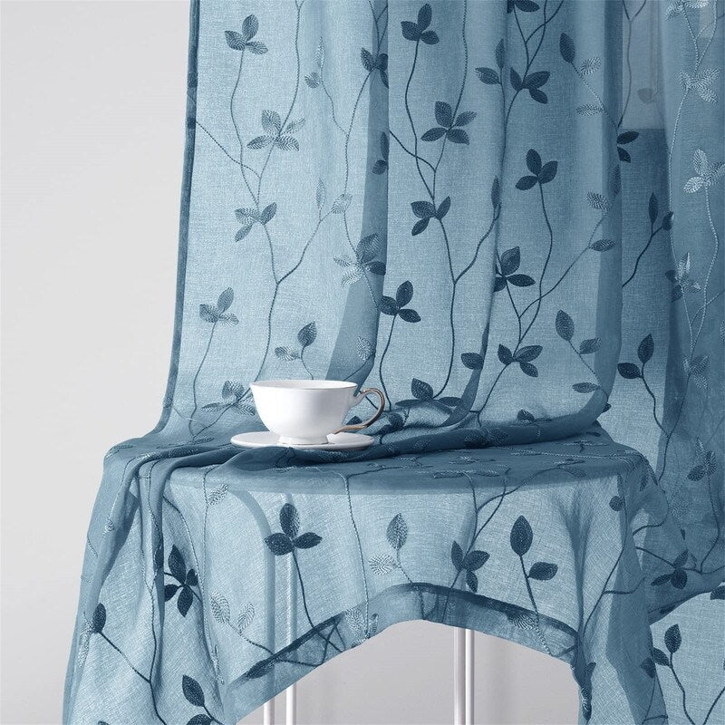 2 Panels Embroidered Leaf Pattern Curtains