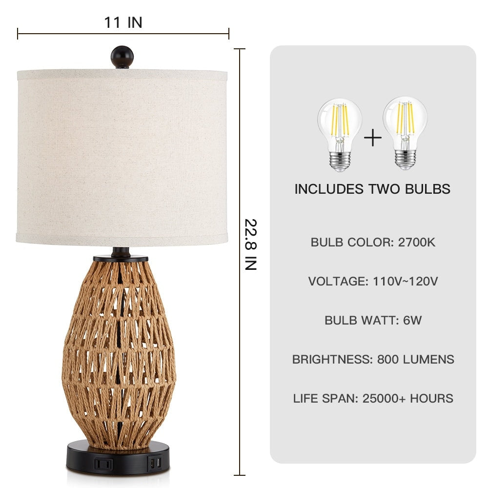 Brown Rattan Woven Table Lamp with USB Charging Ports AC Socket and 3-way Touch Dimming Switch (Set of 2)