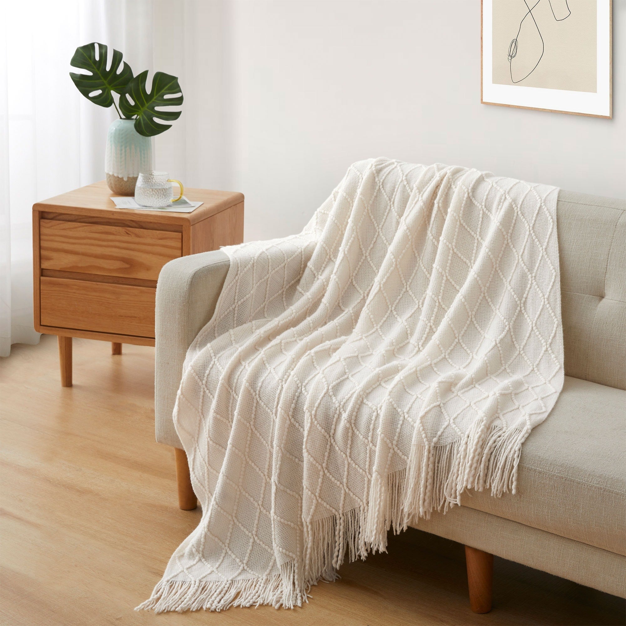 Lightweight 50x60 Diamond Knit Throw Blanket Couch Cover