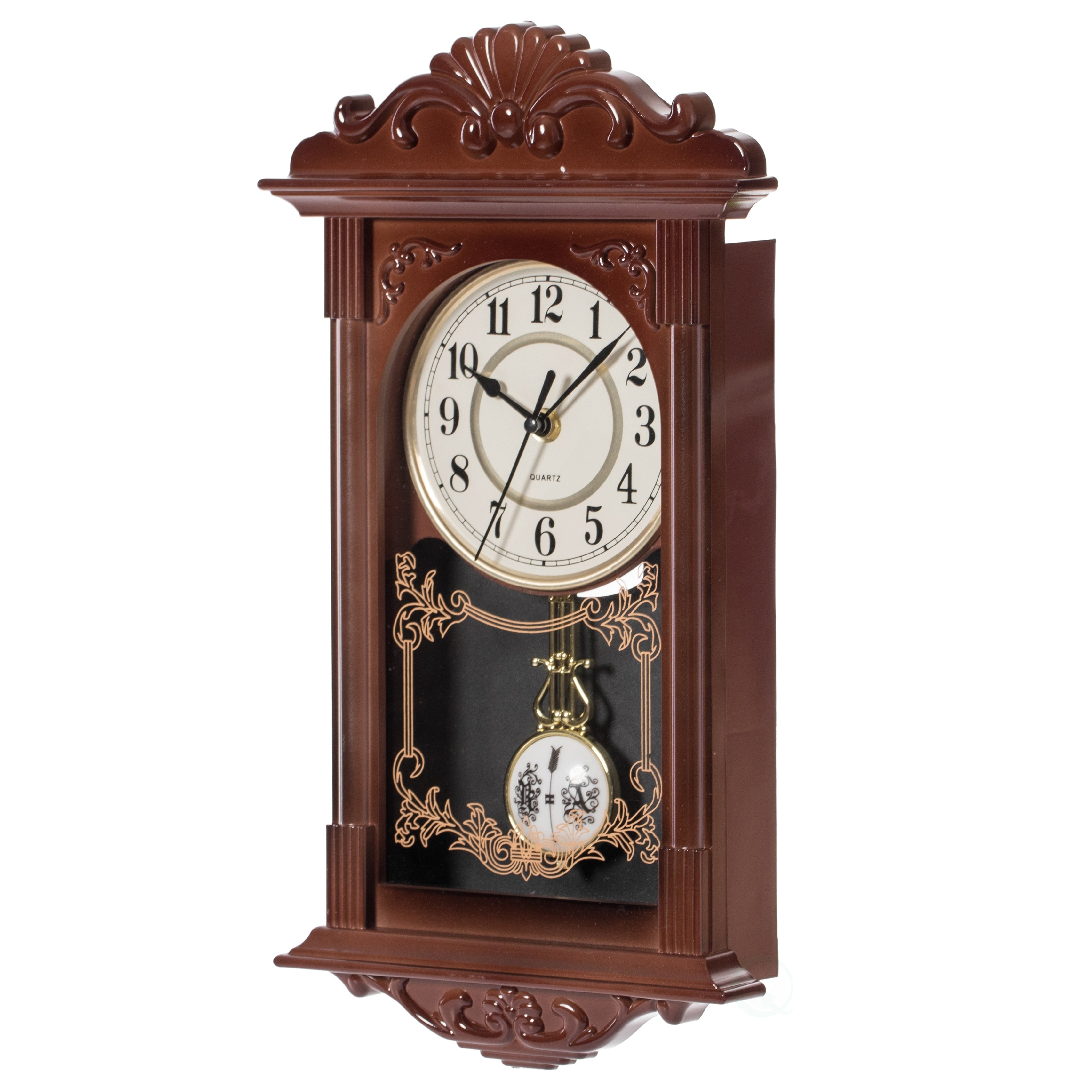 Clockswise Vintage Grandfather Wood-Looking Plastic Pendulum Decorative Battery-Operated Wall Clock Brown, for Home Decor