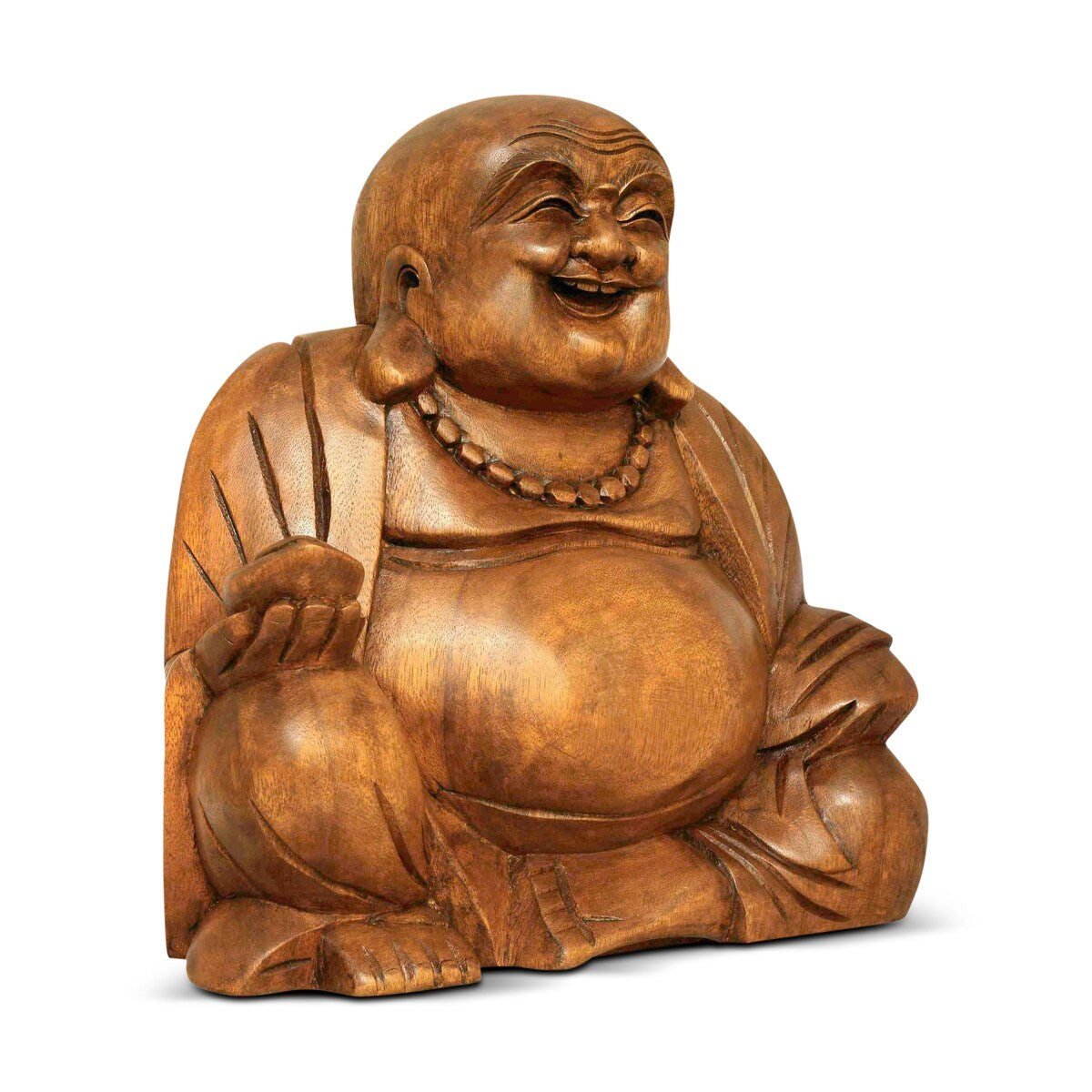 Wooden Laughing Happy Buddha Statue Hand Carved Smiling Sitting Sculpture Handmade Figurine Decorative Home Decor Handcrafted