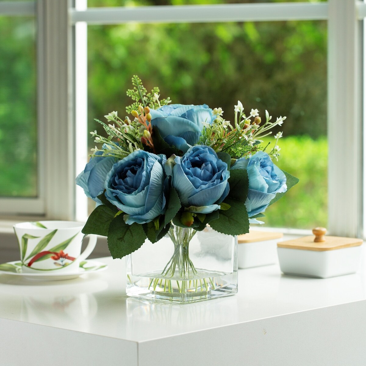 Mixed Peony Artificial Flowers in Vase with Faux Water, Silk Flower Arrangements in Vase for Home Decor, Wedding Table