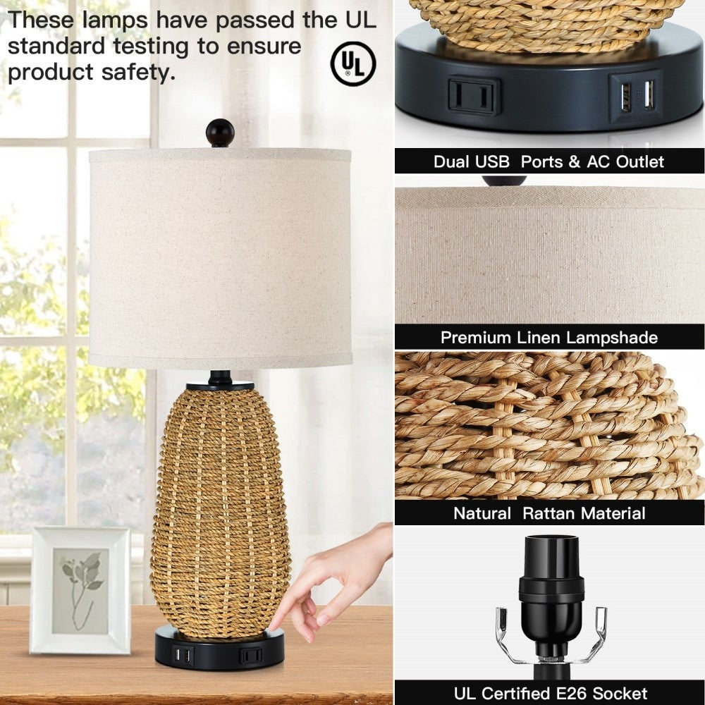 Table Lamp Brown Natural Straw Touch 3-Way Dimming(Set of 2) - 11'' x 11'' x 22.8'' (L x W x H)