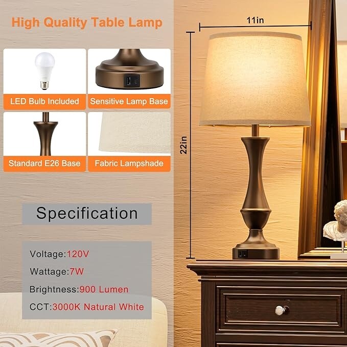 Touch Lamps Set of 2 - Nightstand Table Lamp with USB C+A, 3 Way Dimmable