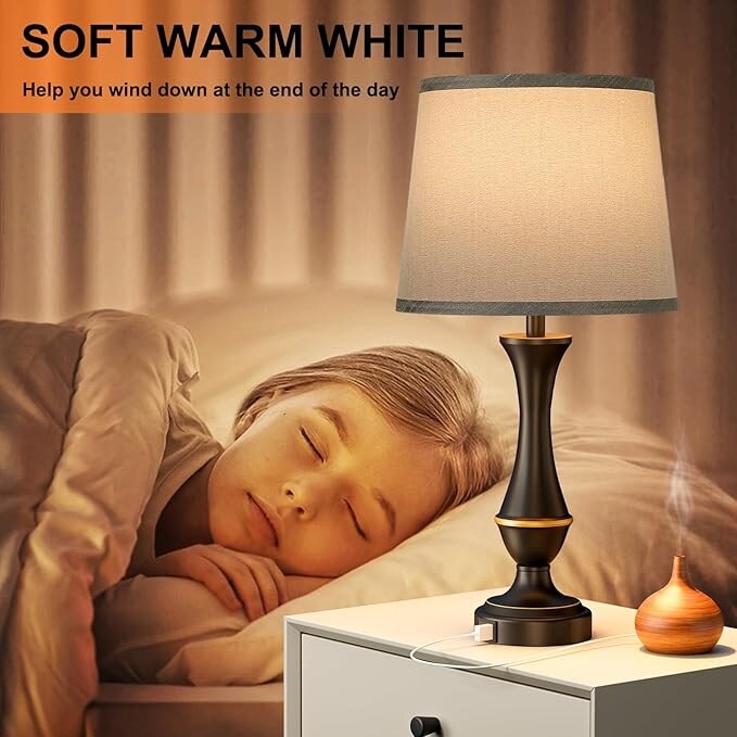 Touch Lamps Set of 2 - Nightstand Table Lamp with USB C+A, 3 Way Dimmable