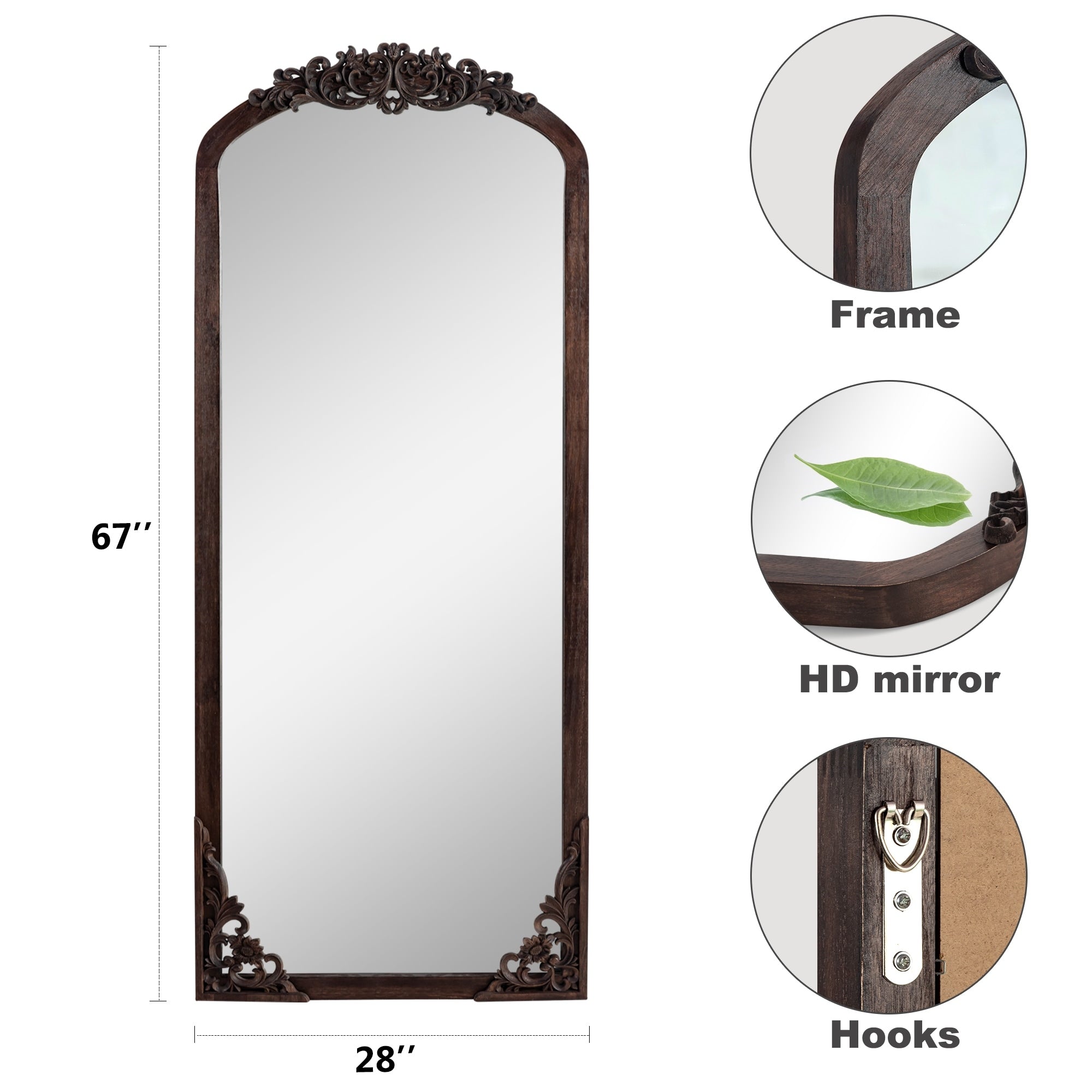 Arched Full-Length Solid Wood Carving Floor Mirror - 67*28