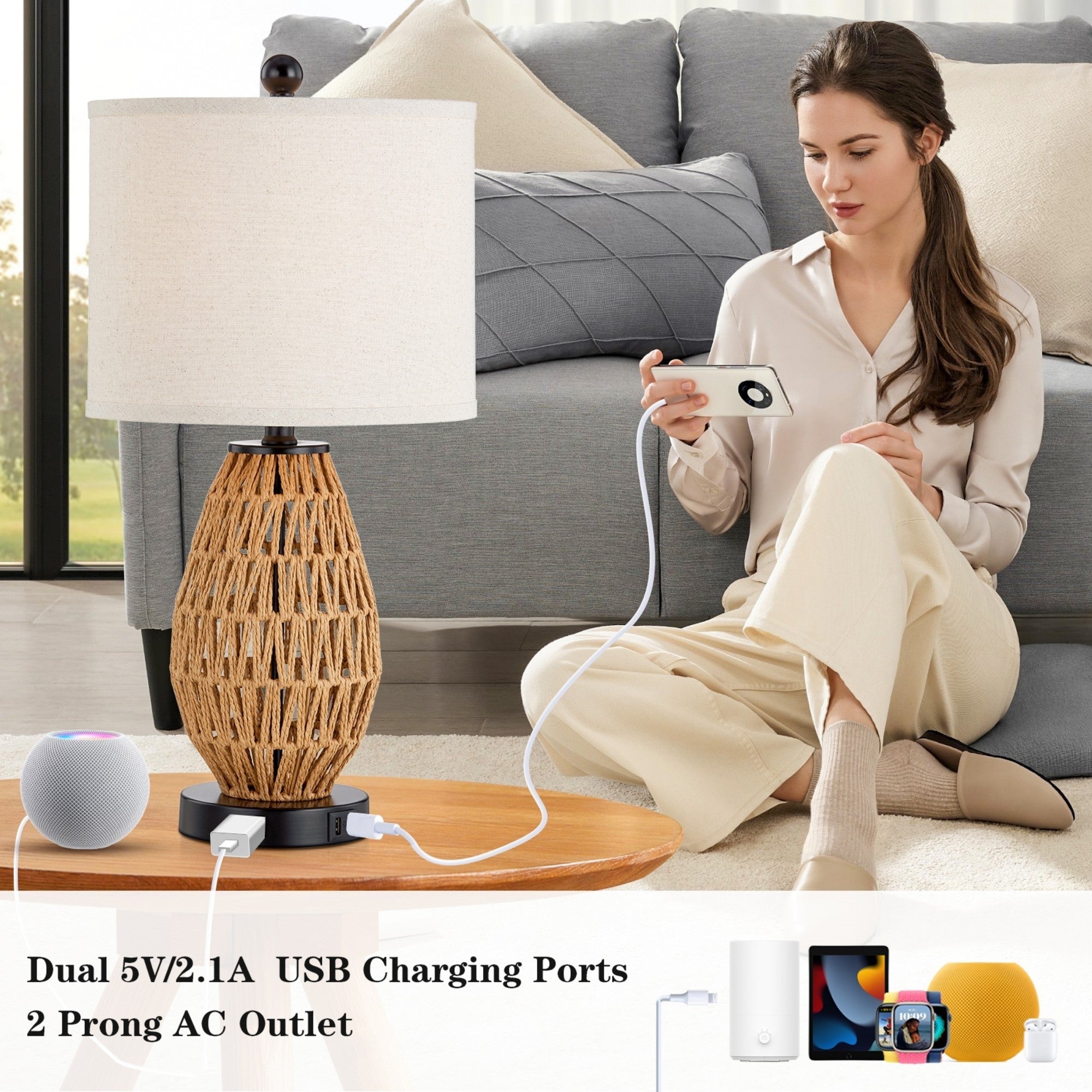 Brown Rattan Woven Table Lamp with USB Charging Ports AC Socket and 3-way Touch Dimming Switch (Set of 2)