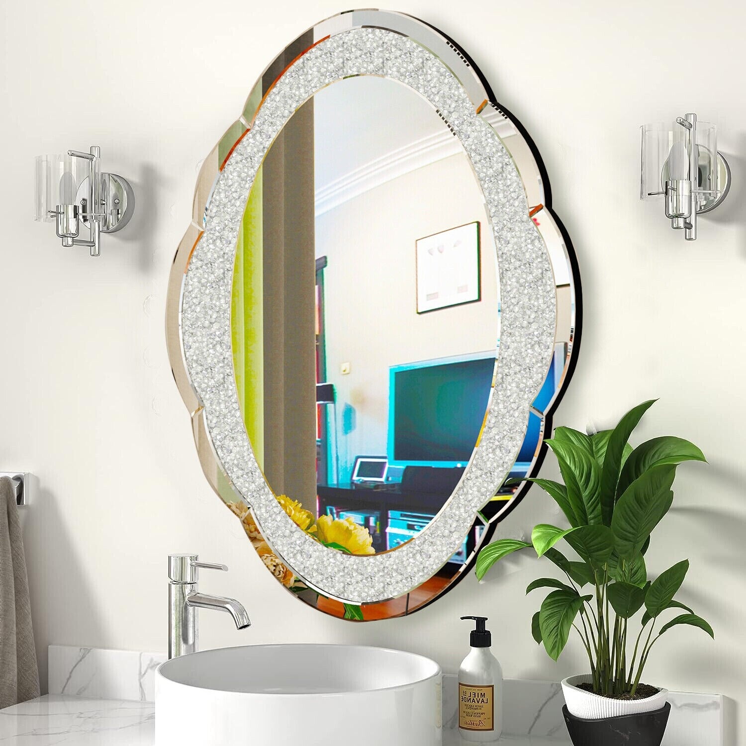 Asymmetrical Cloud-shape Wall Mirror with Crystal Crushed Diamonds