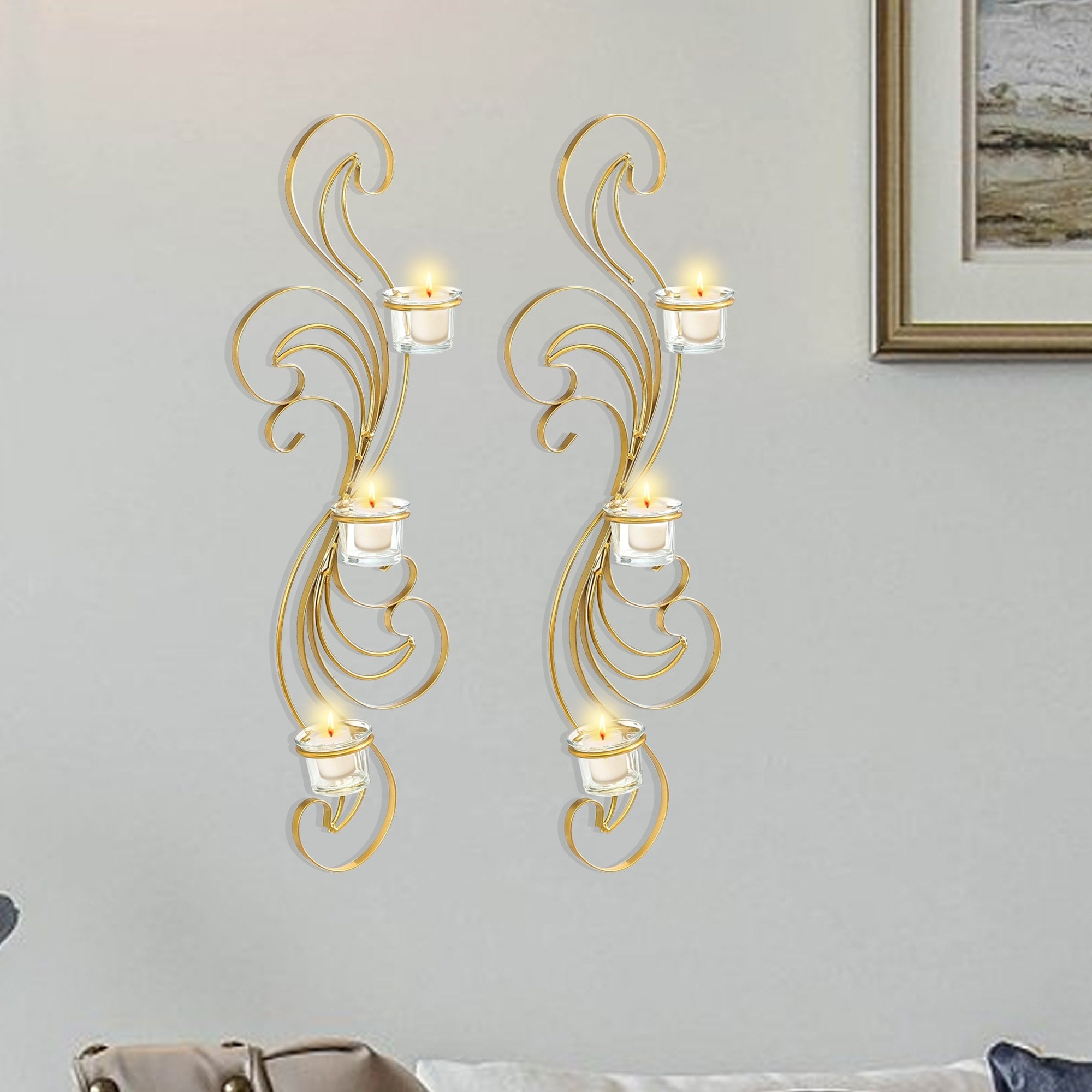 Adeco Set of 2 Metal Wall Sconces with Glass Candle Holder - 5.9 x 3 x 24.4