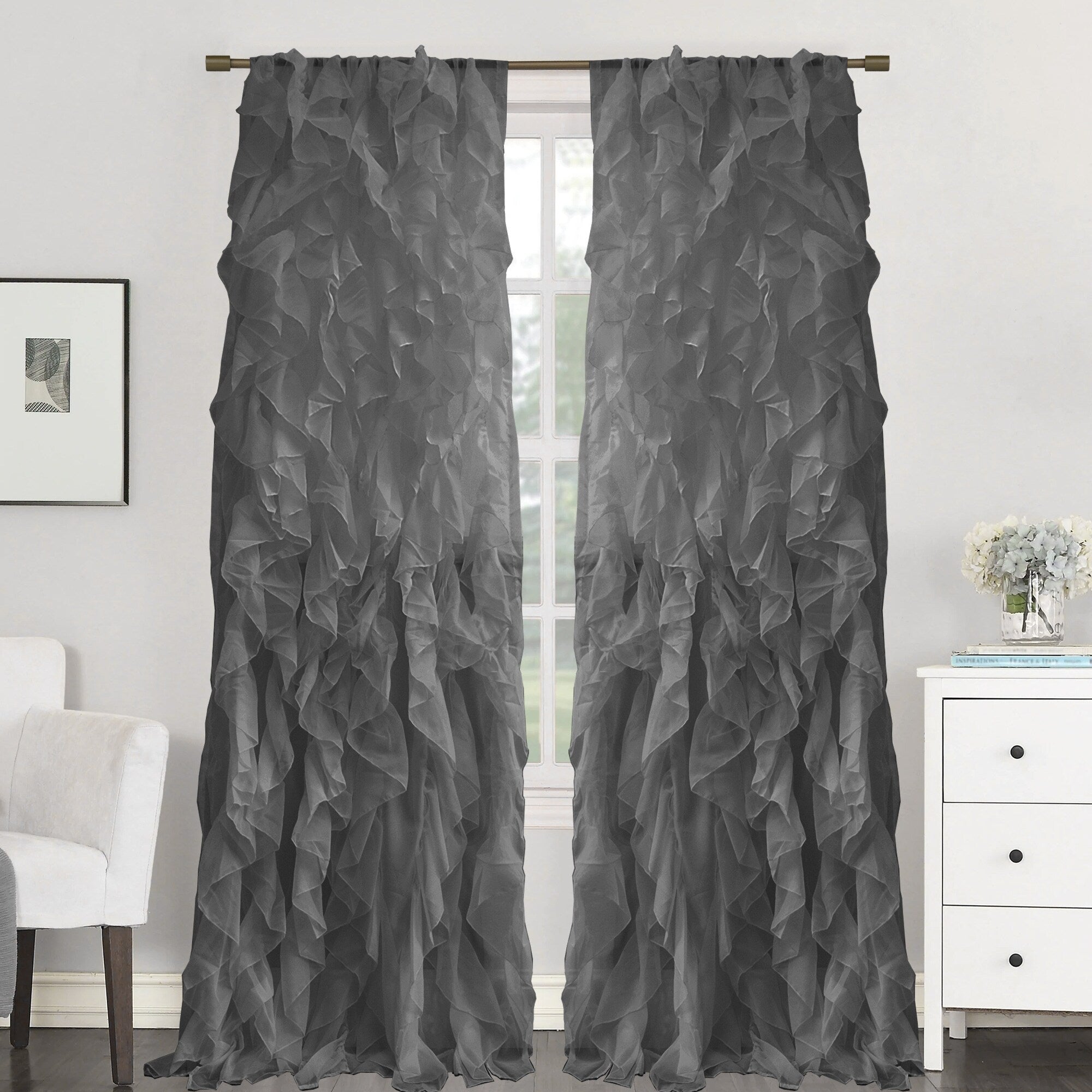 Sweet Home Collection Sheer Voile Waterfall Ruffled Tier 108 Inch Single Curtain Panel - 108 long x 50 wide