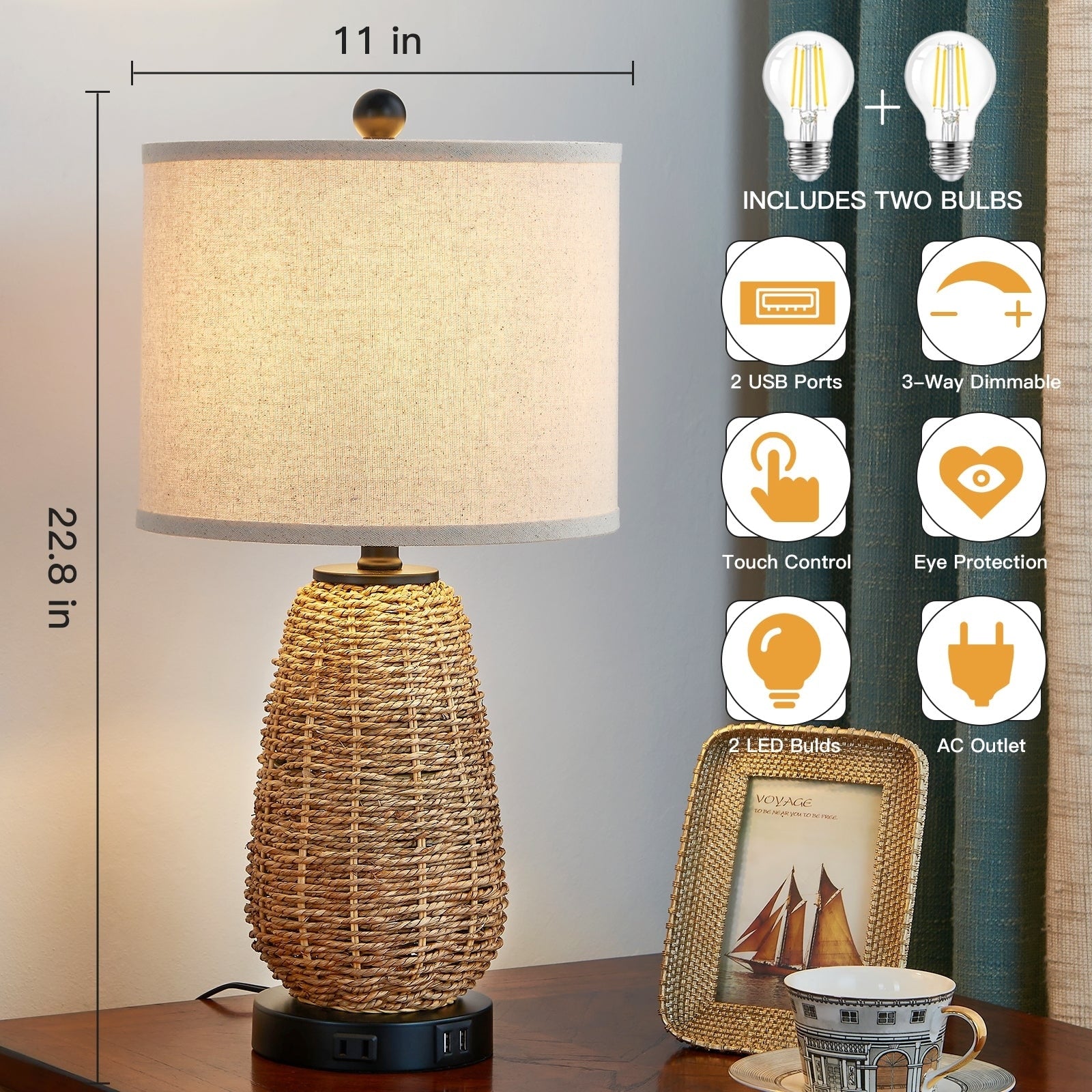 Table Lamp Brown Natural Straw Touch 3-Way Dimming(Set of 2) - 11'' x 11'' x 22.8'' (L x W x H)