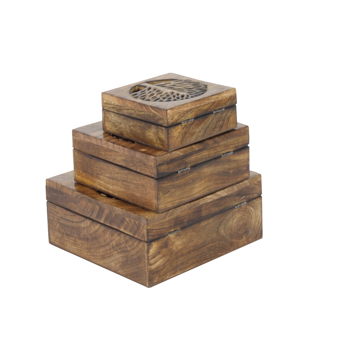 Wood Tree Handmade Decorative Box with Hinged Lid - Set of 3 Brown - Roche River Decor