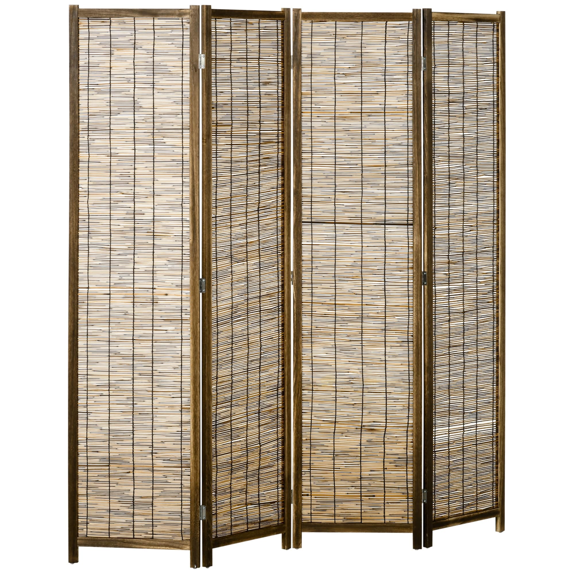 HOMCOM 4 Panel Room Divider, 5.5' Tall Portable Folding Privacy Screens, Wood & Hand-Woven, Brown