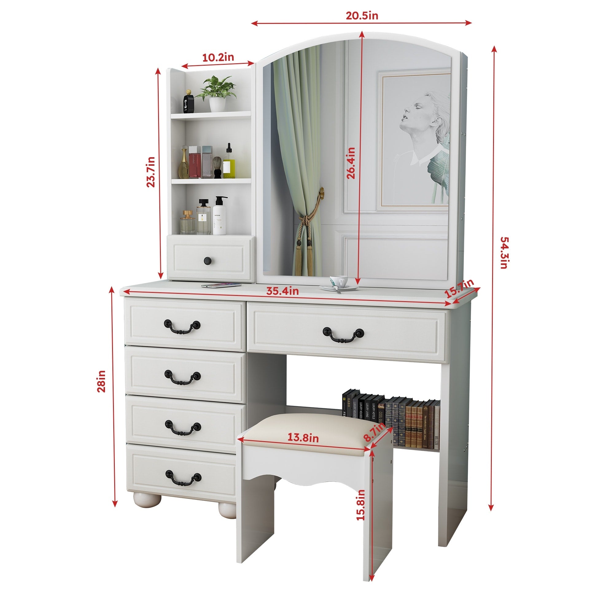 Fashion Vanity Desk with Mirror and Lights for Makeup, 6 Drawers