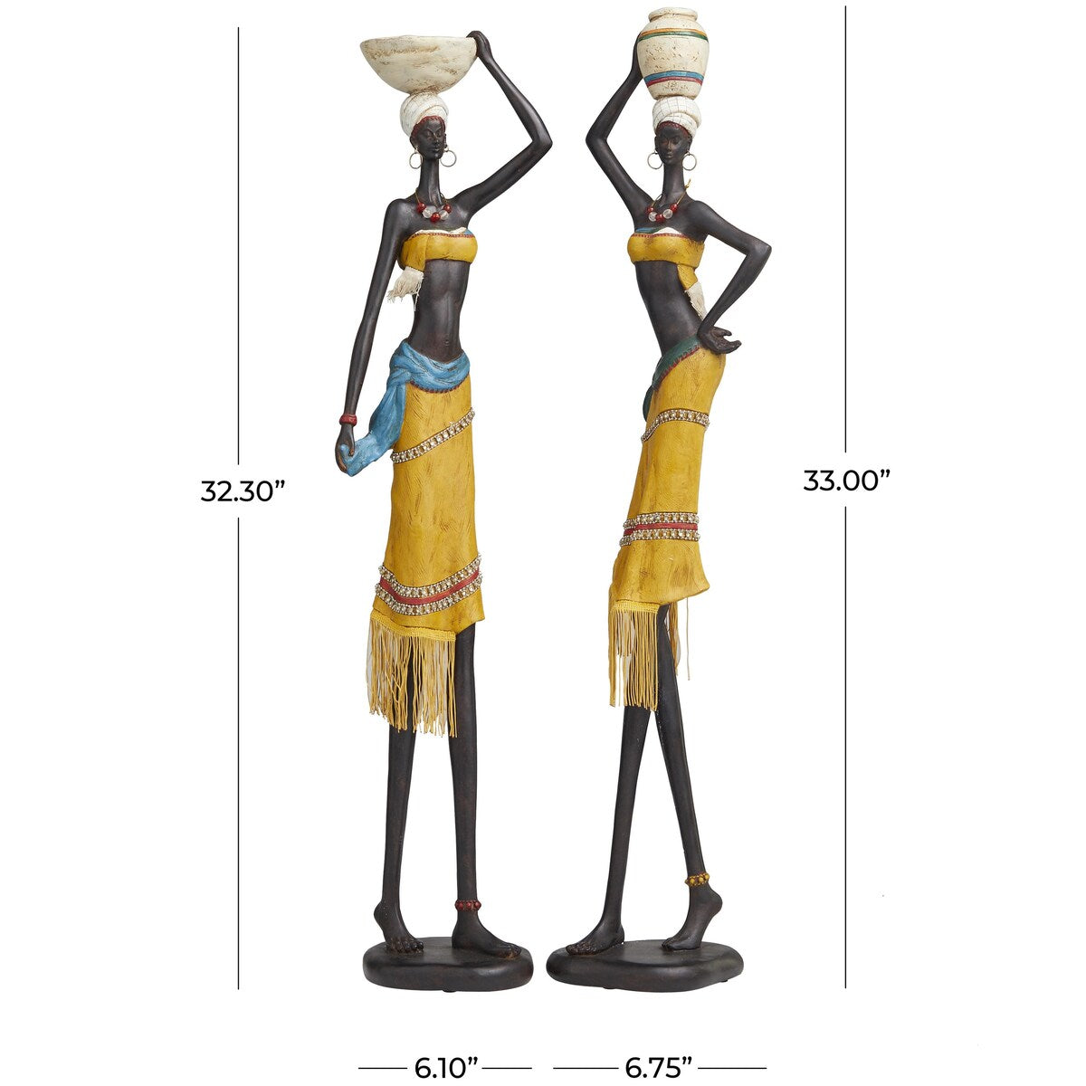 PolystoneHandmade African Woman Decorative Sculpture with Water Jugs and Jeweled Details - Set of 2 Yellow - Roche River Decor