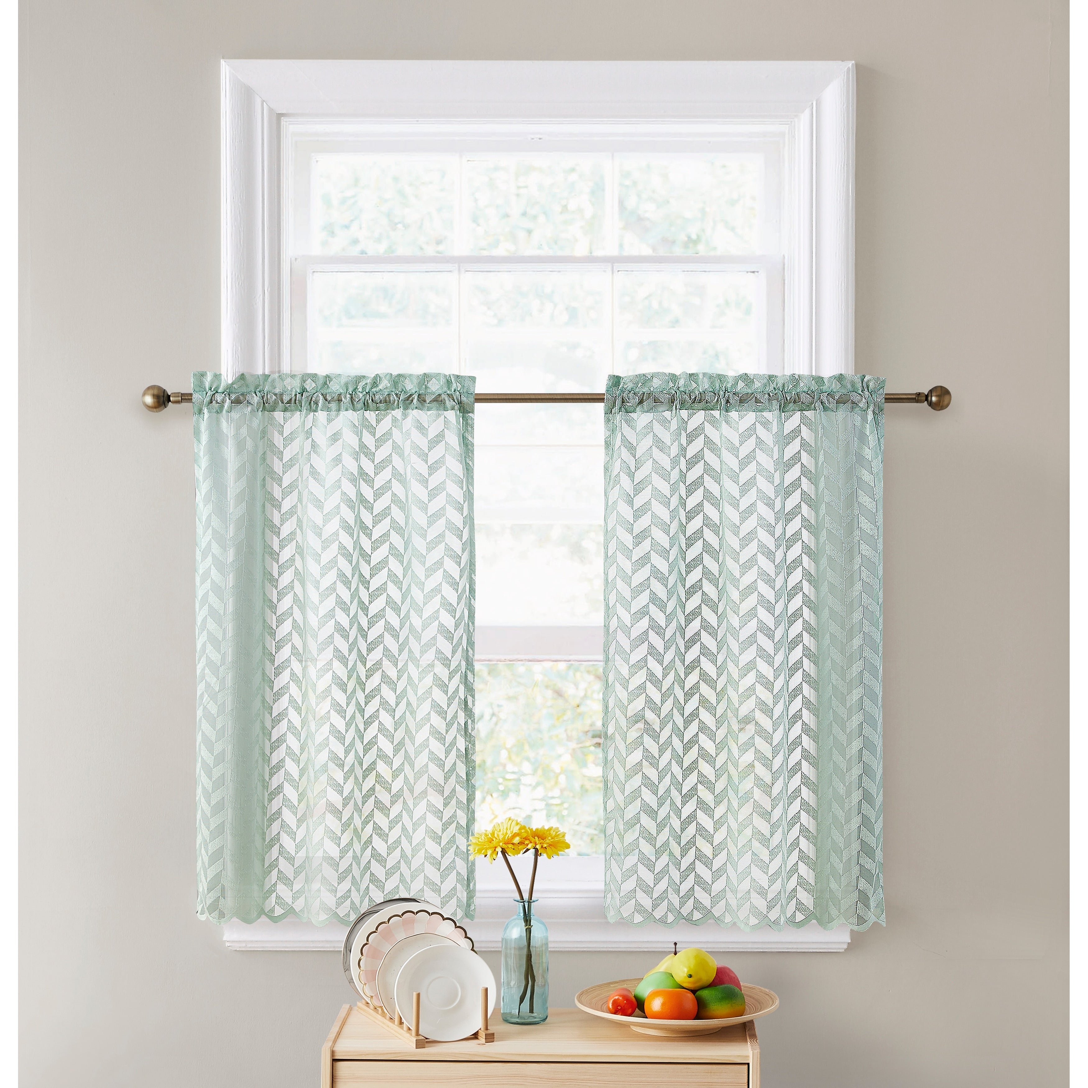 HLC.me Herringbone Lace Sheer Kitchen Cafe Curtain Tiers Swags Valance for Small Windows & Bathroom