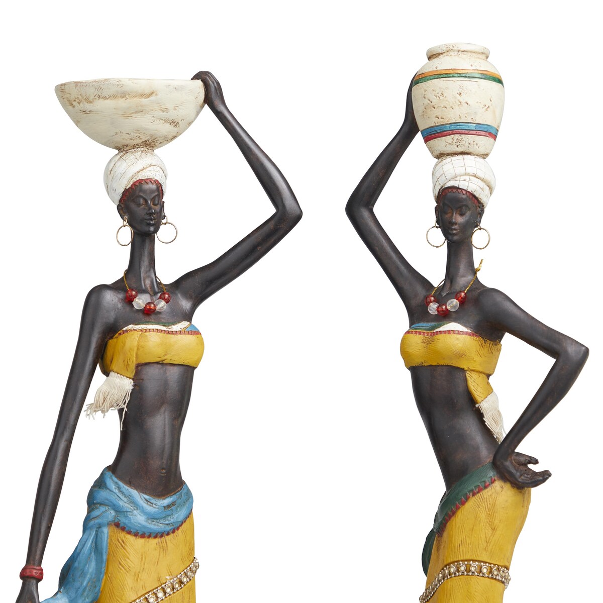 PolystoneHandmade African Woman Decorative Sculpture with Water Jugs and Jeweled Details - Set of 2 Yellow - Roche River Decor