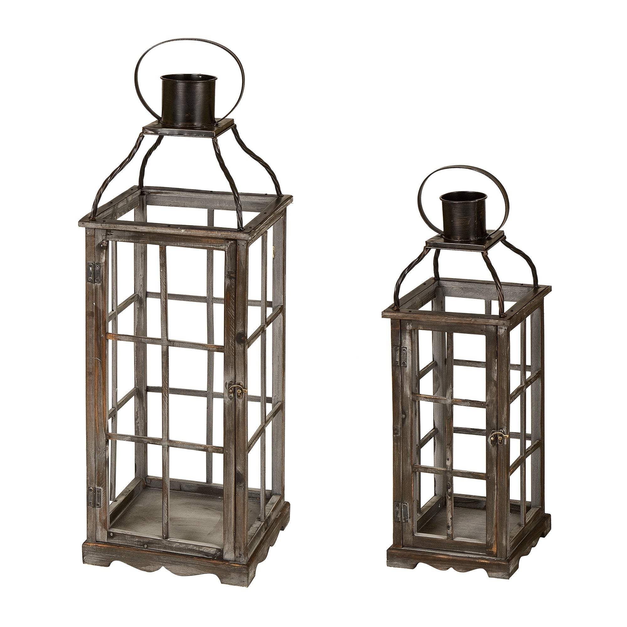 Glitzhome Oversized Farmhouse Wooden Metal Cage Candle Holders Patio Hanging Decorative Lanterns (Set of 2)