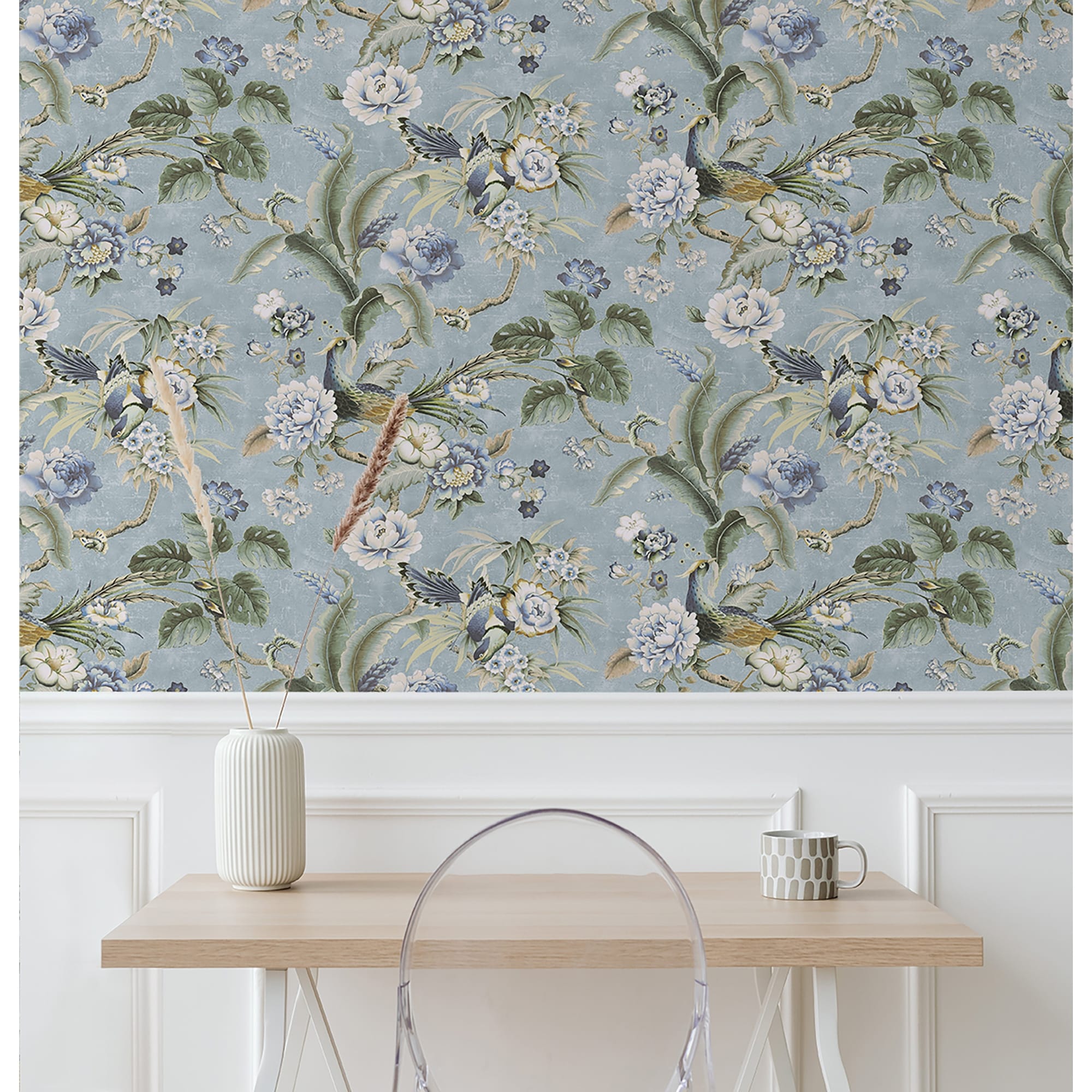 Surface Style Passerine Pavilion Blue Geyser Peel and Stick Wallpaper - 20.5 in. W x 18 ft. L