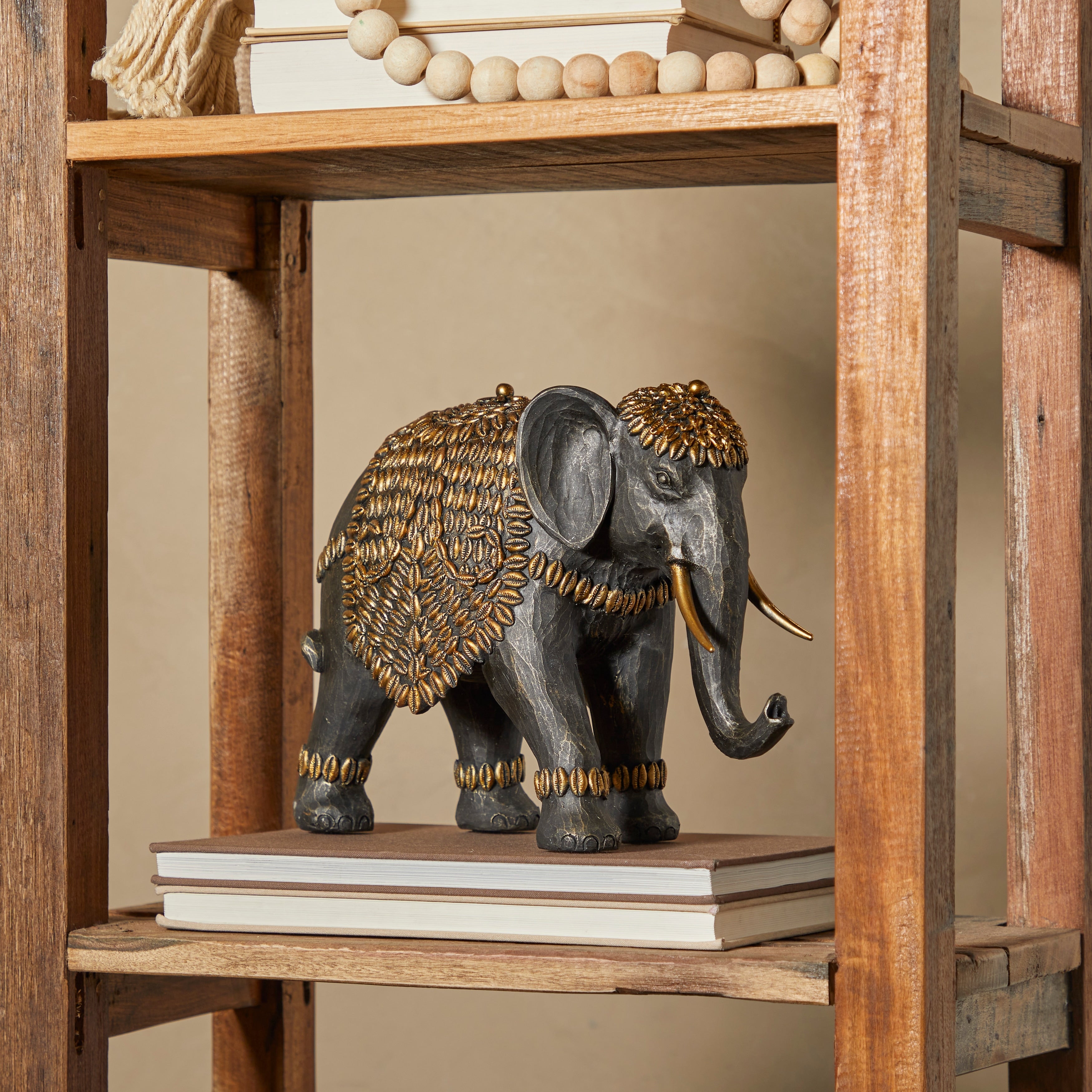 Black Polystone Elephant Sculpture with Cowrie Shell Carvings