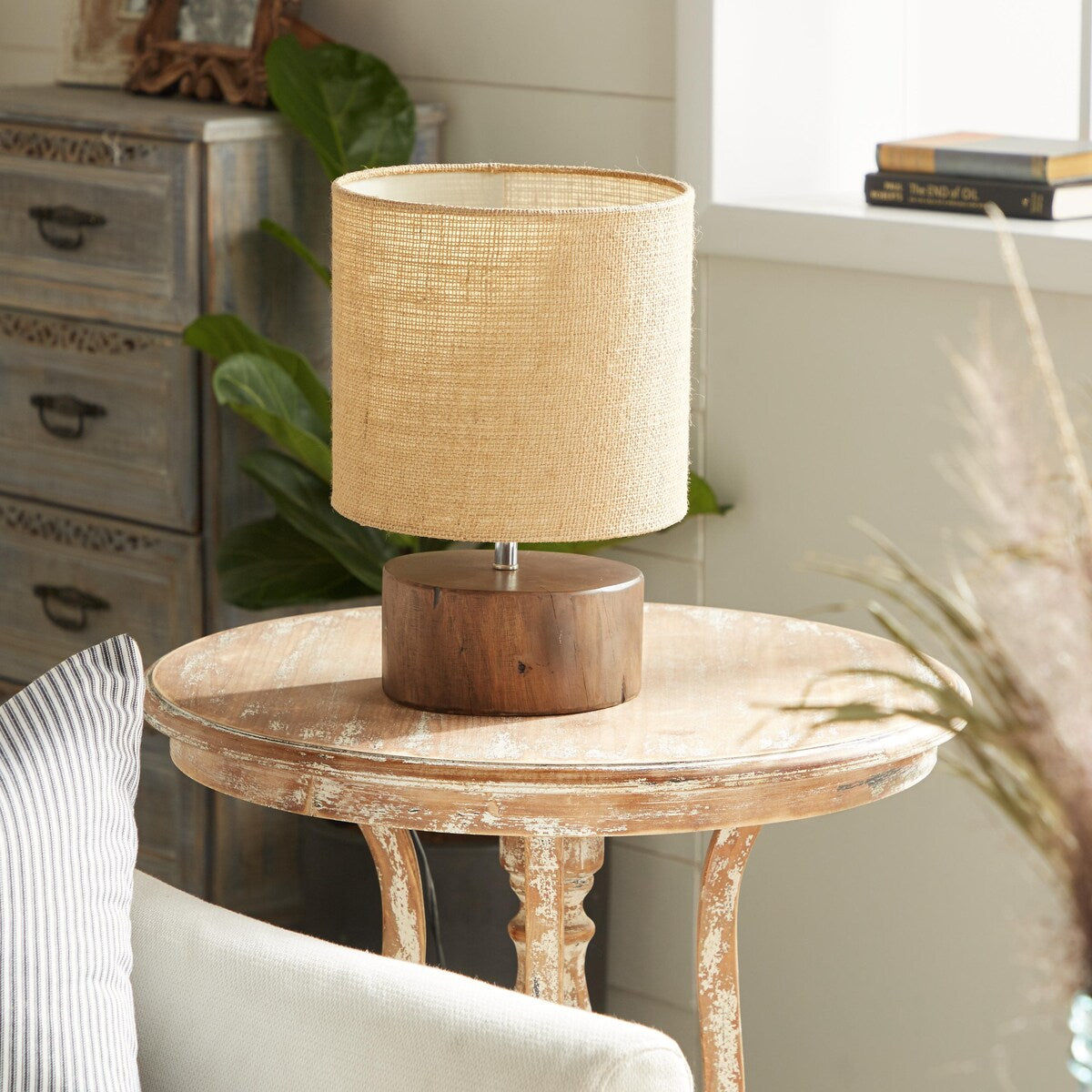 Wood Room Table Lamp with Jute Shade - Dark Brown - Roche River Decor