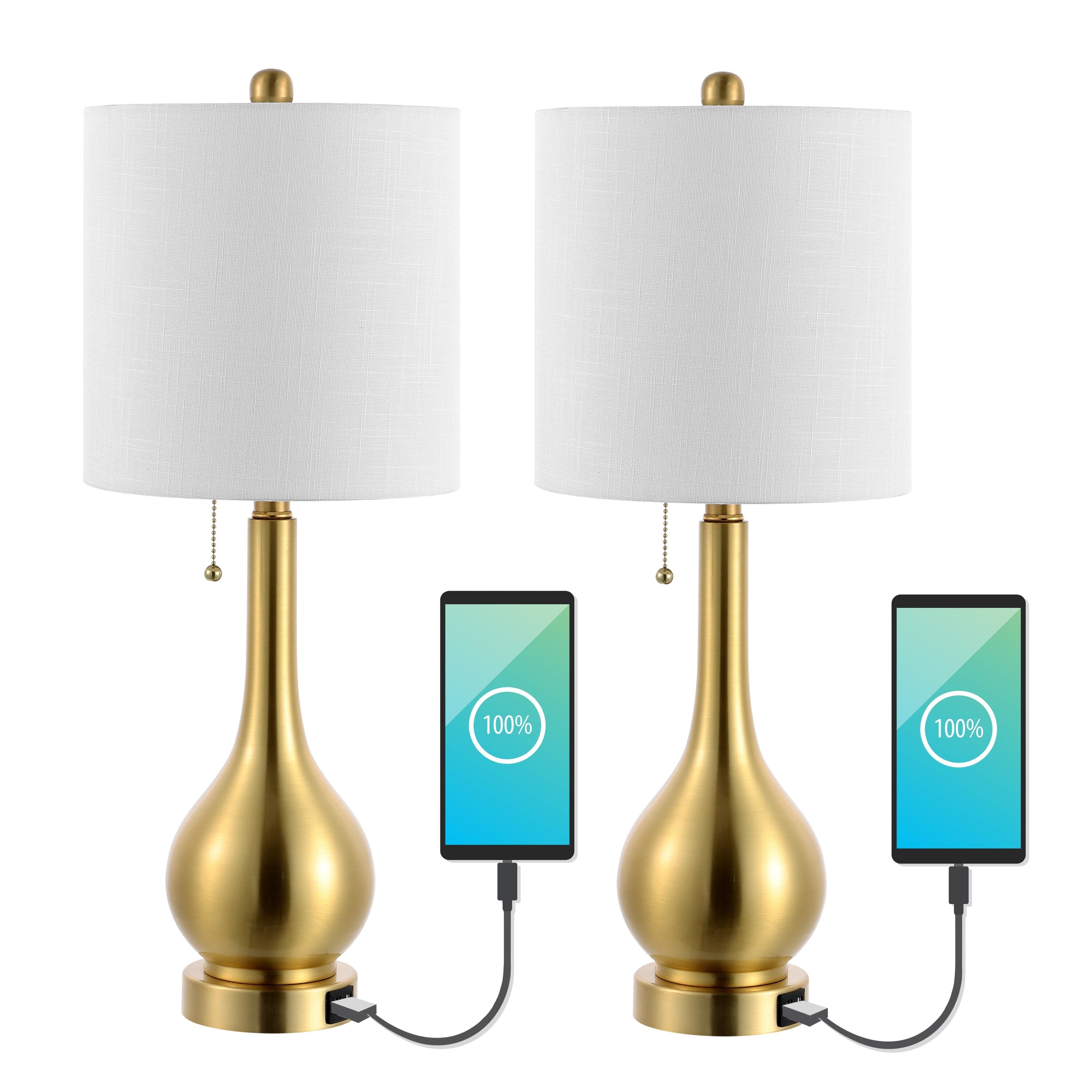 Grant 24 Modern Classic Gourd Iron LED Table Lamp with Pull-Chain with Dual USB Charging Port, by JONATHAN Y (Set of 2)