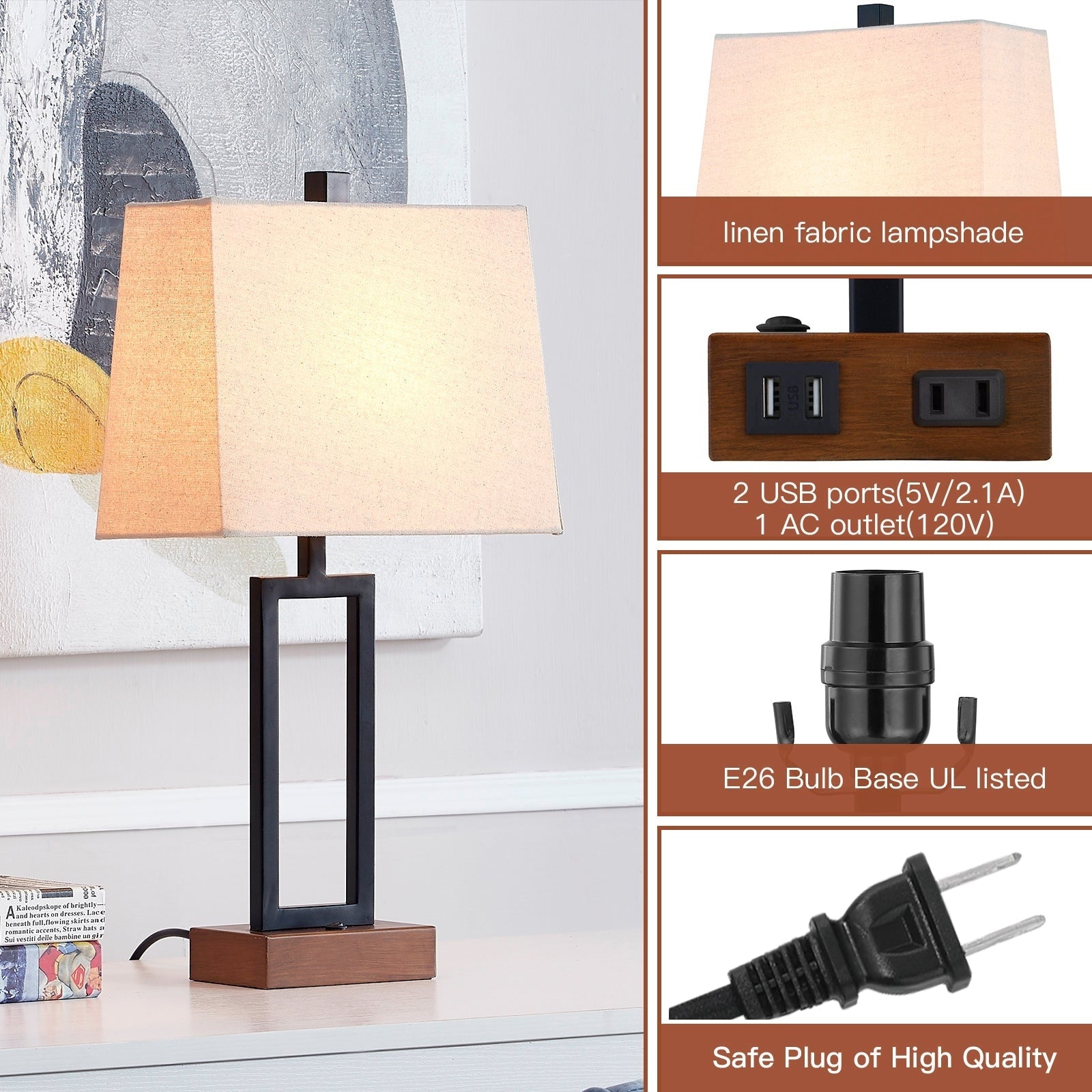 Black Metal Plug-in Table Lamp Rocker Switch USB Charging Ports AC Outlet (Set of 2) - 12'' x 6.5'' x 23.5'' (L x W x H)