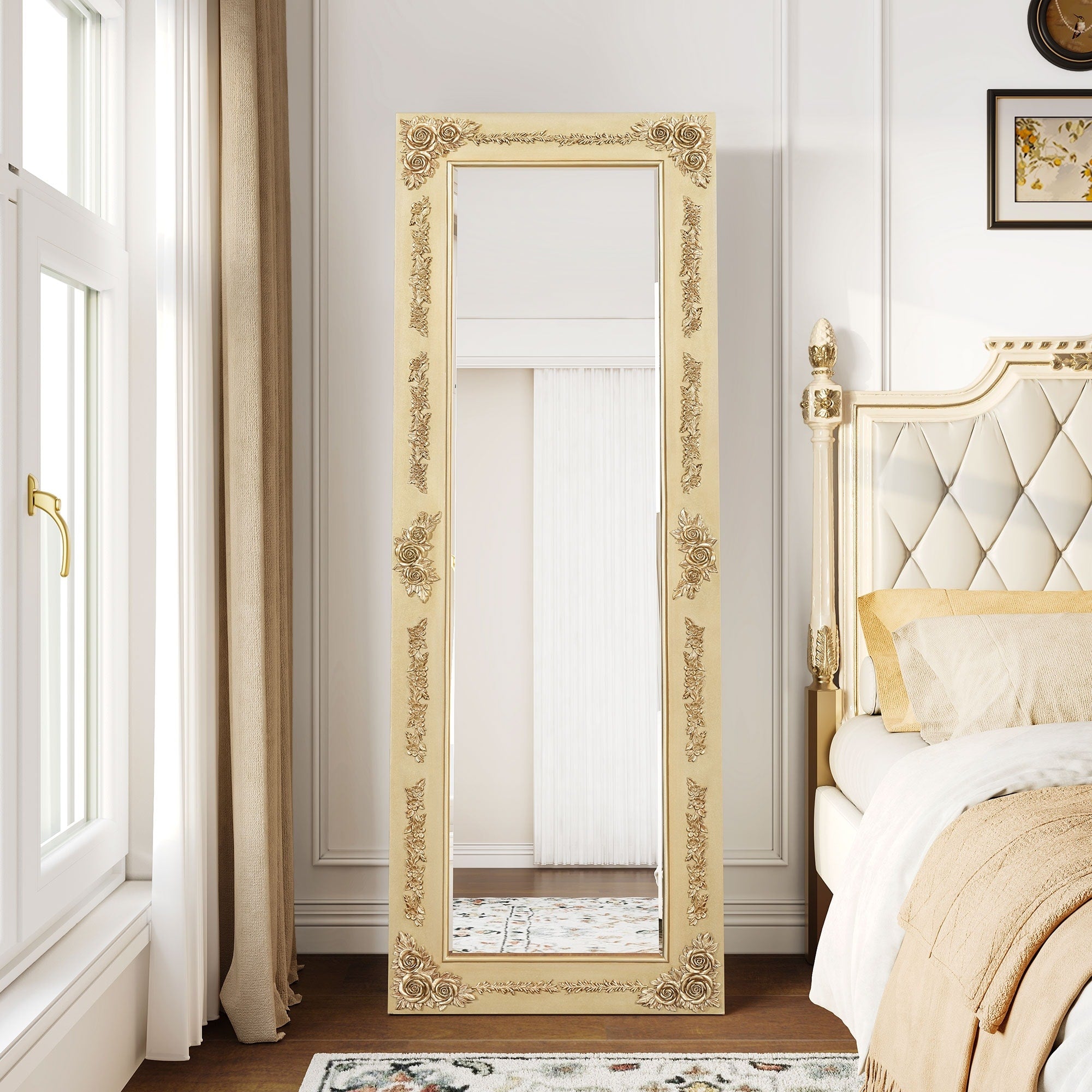 Moasis Floral Wooden Frame Full Length Floor Wall Mirror Standing Dressing Mirror