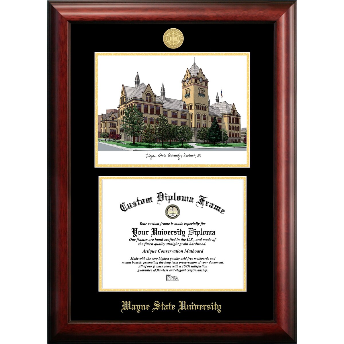 Wayne State University 10w x 8h Gold Embossed Diploma Frame with Campus Images Lithograph