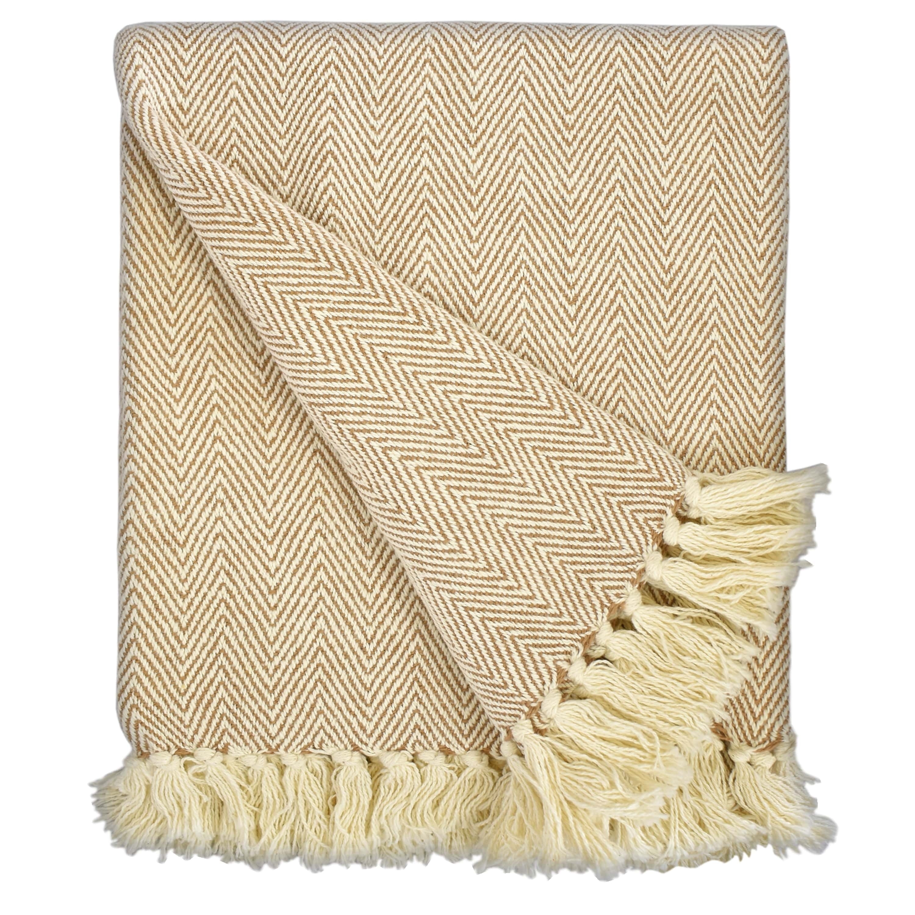 Fabstyles Herringbone Stripe Cotton Throw Blanket With Fringes