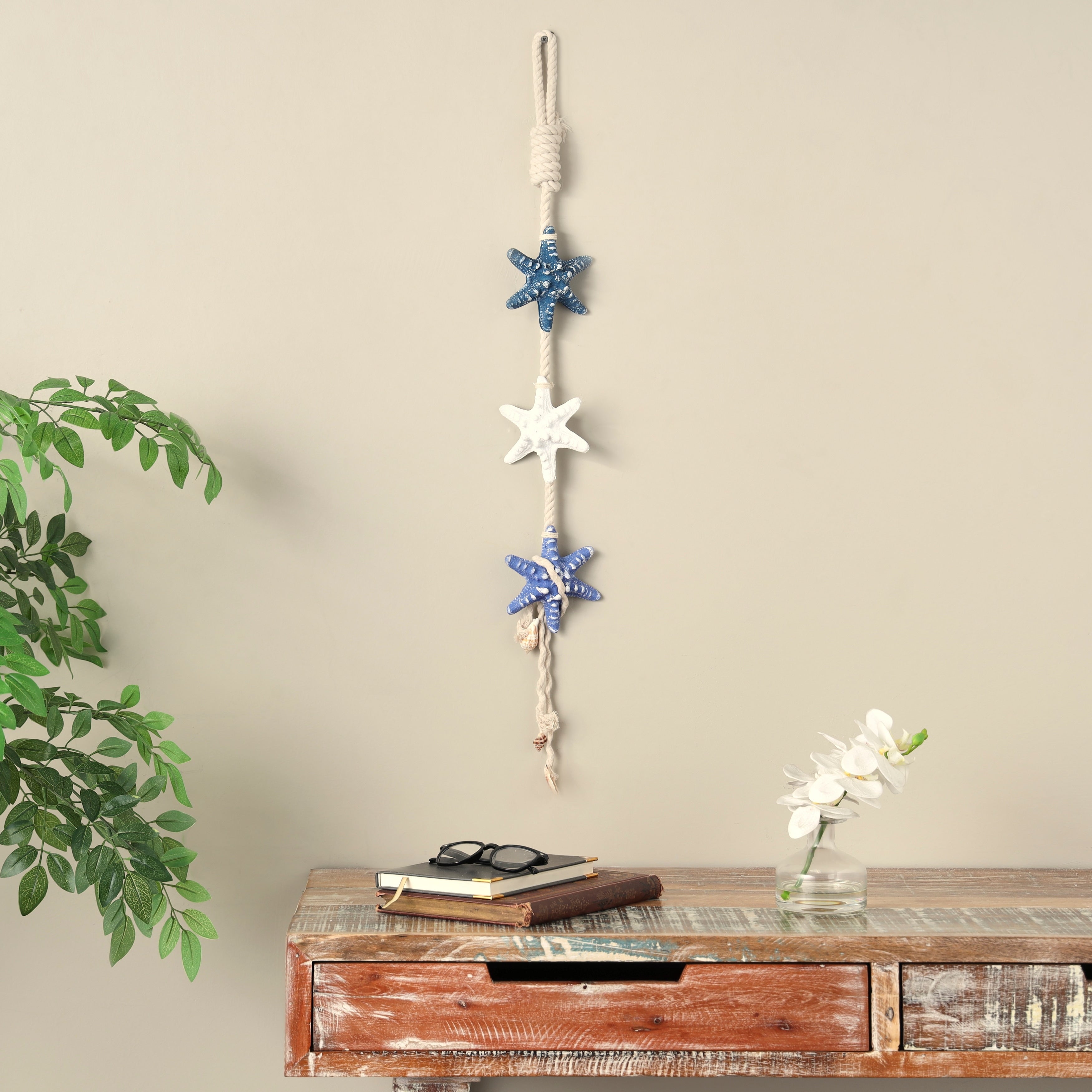 Cream Resin Handmade Layered Starfish Home Wall Decor with White Hanging Rope and Seashell Accents